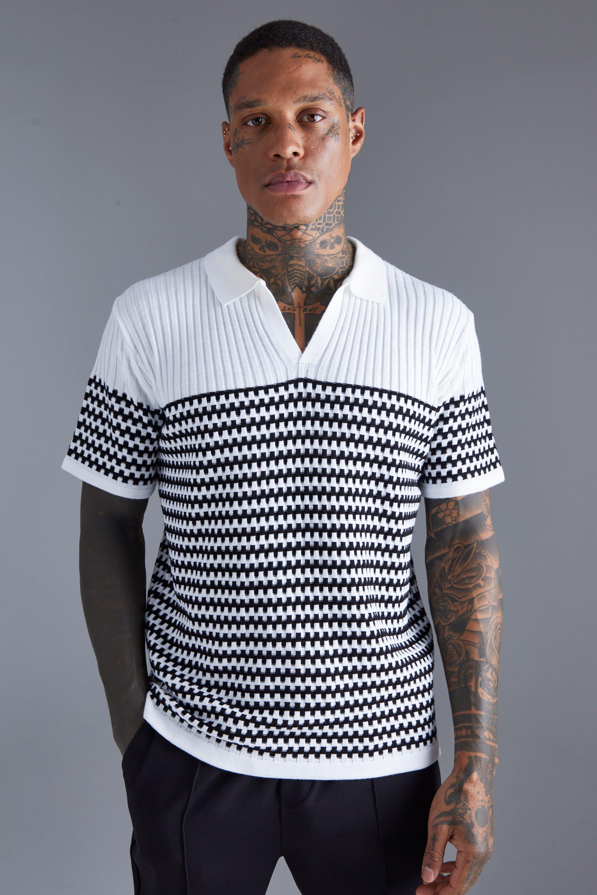 V Neck Striped Knitted Polo | boohooMAN UK