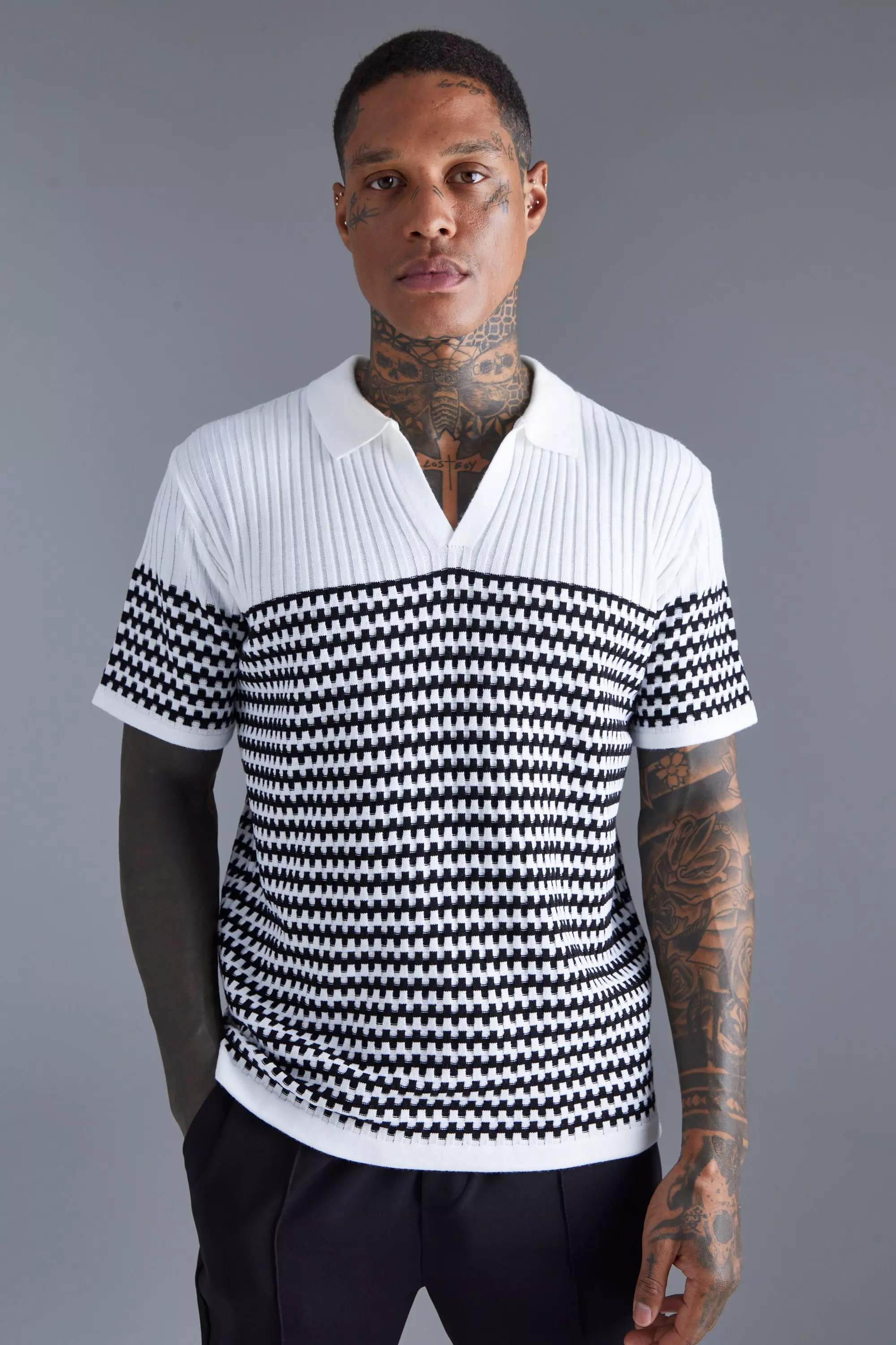 White Regular Fit V Neck Striped Knitted Polo alternative image