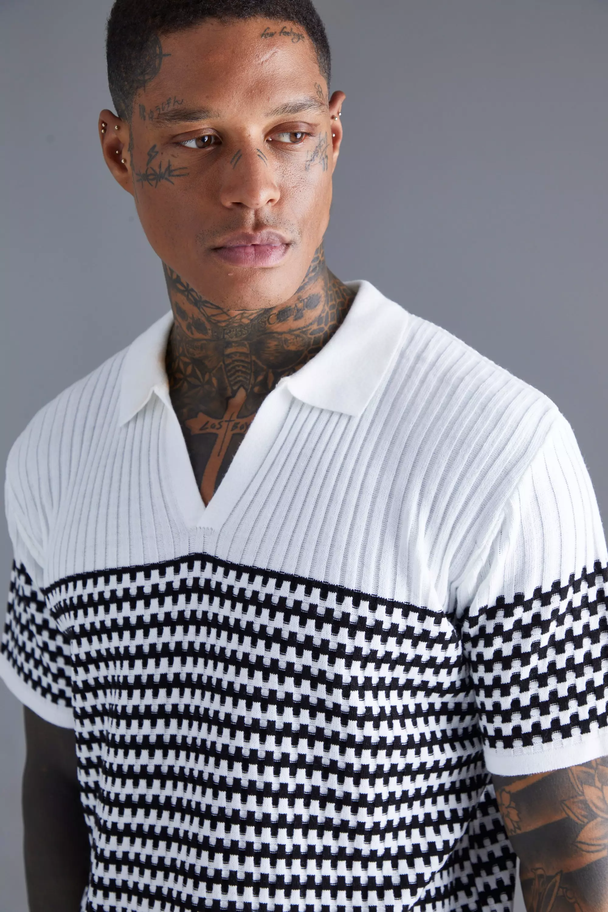 White Regular Fit V Neck Striped Knitted Polo alternative image
