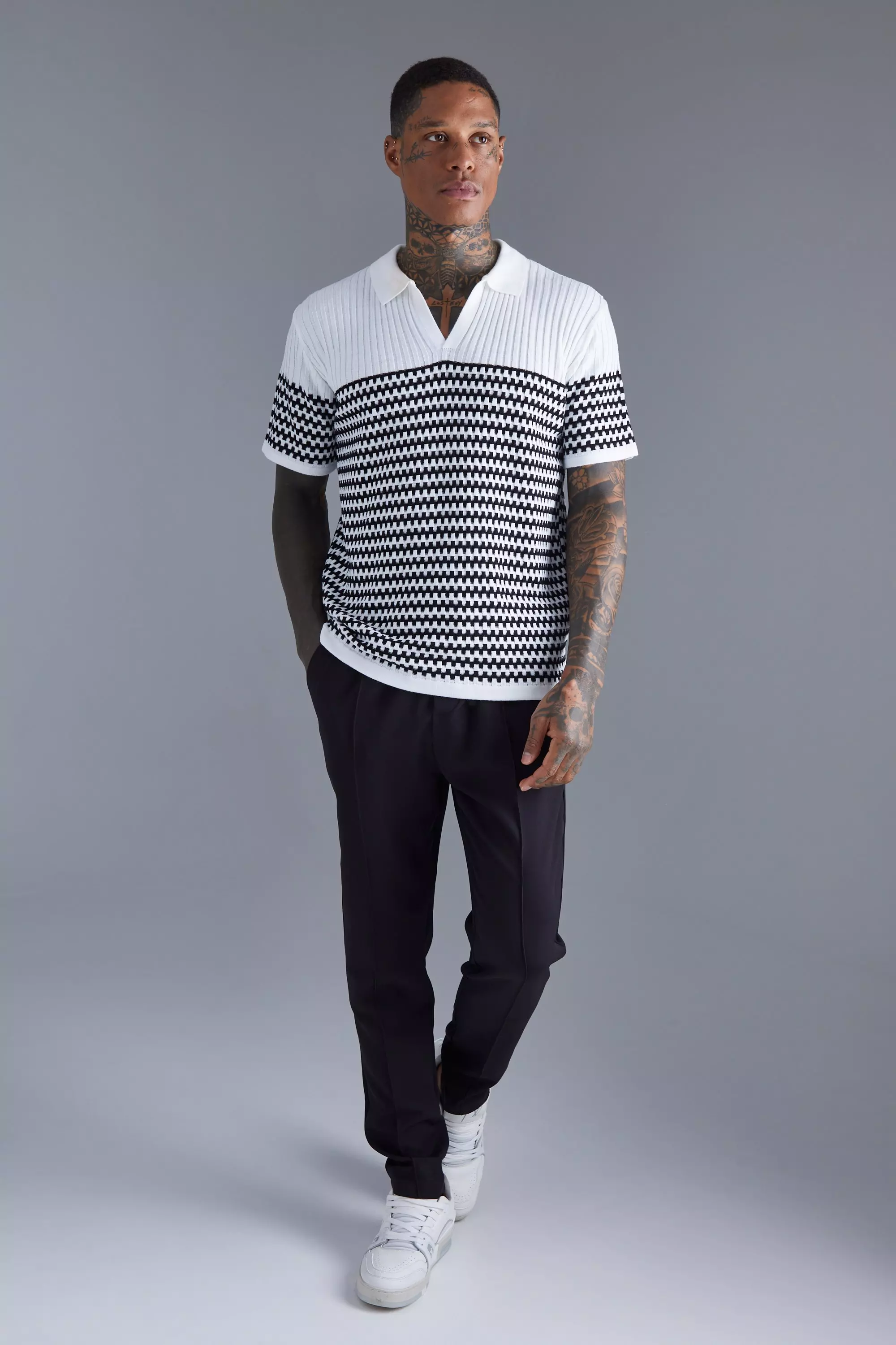 White Regular Fit V Neck Striped Knitted Polo alternative image