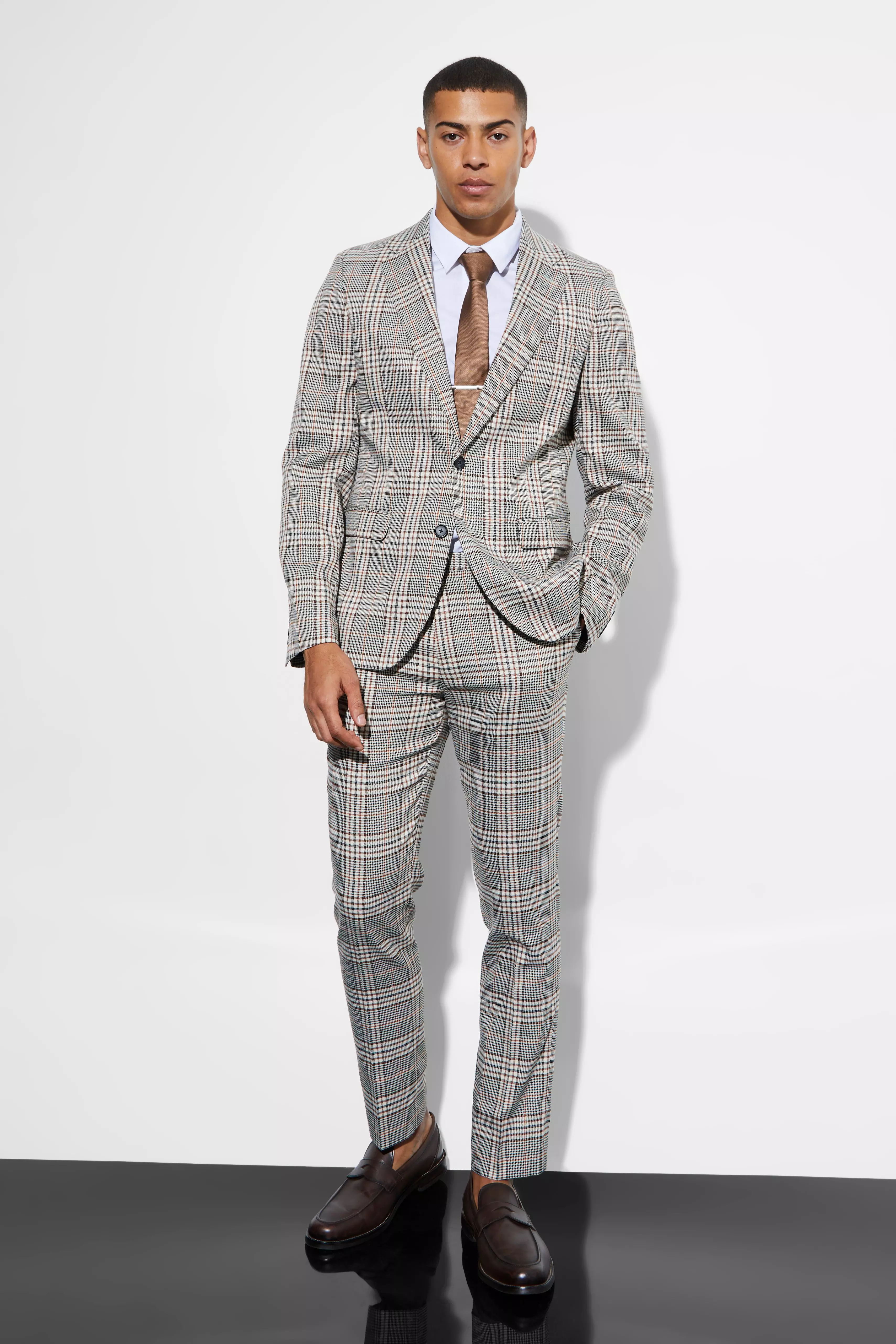 Brown Slim Single Breasted Check Suit Jacket alternative image