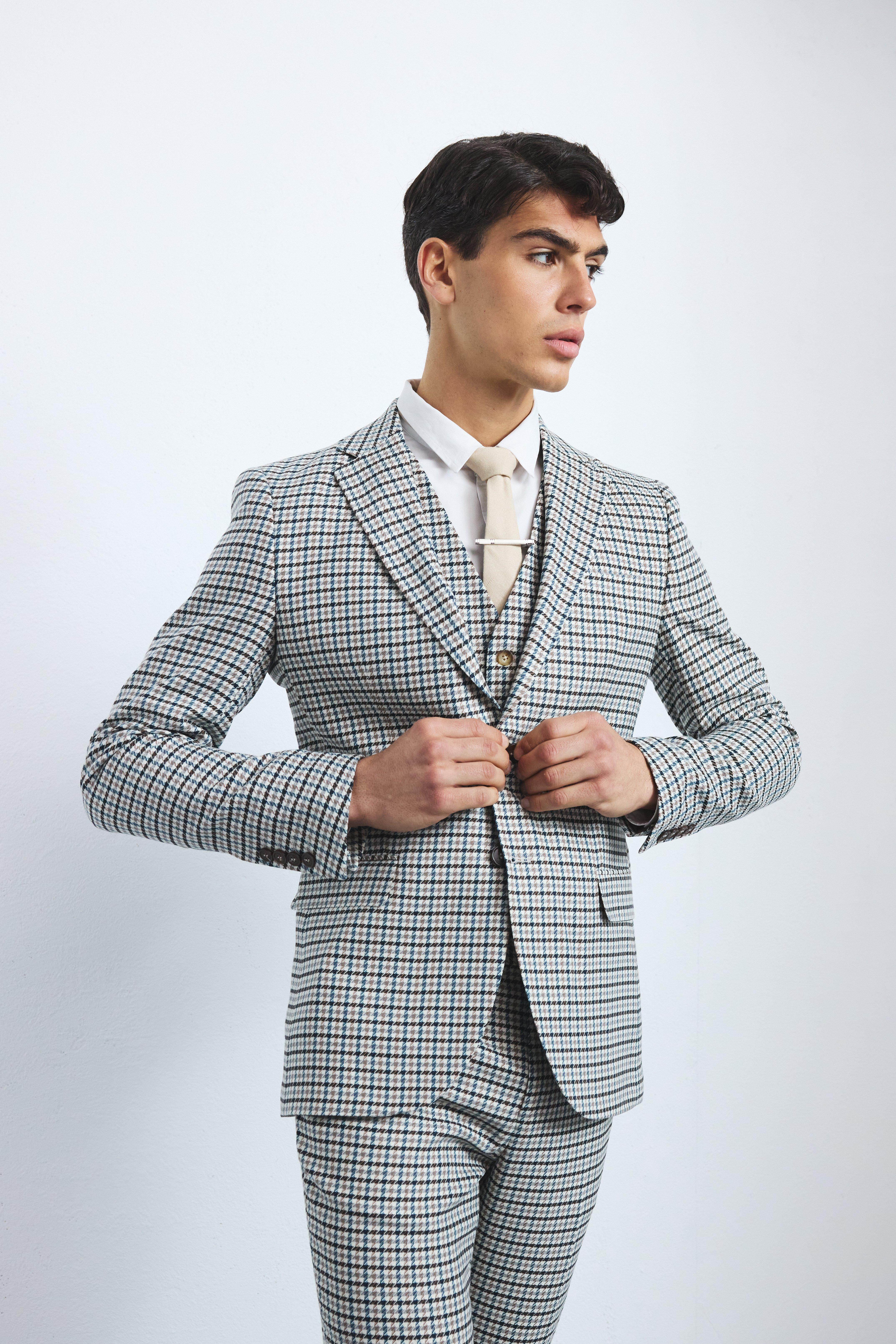 Beige Skinny Single Breasted Checked Blazer