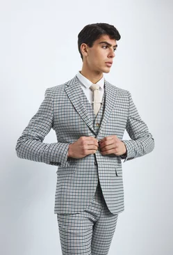 Skinny Single Breasted Check Suit Jacket Beige