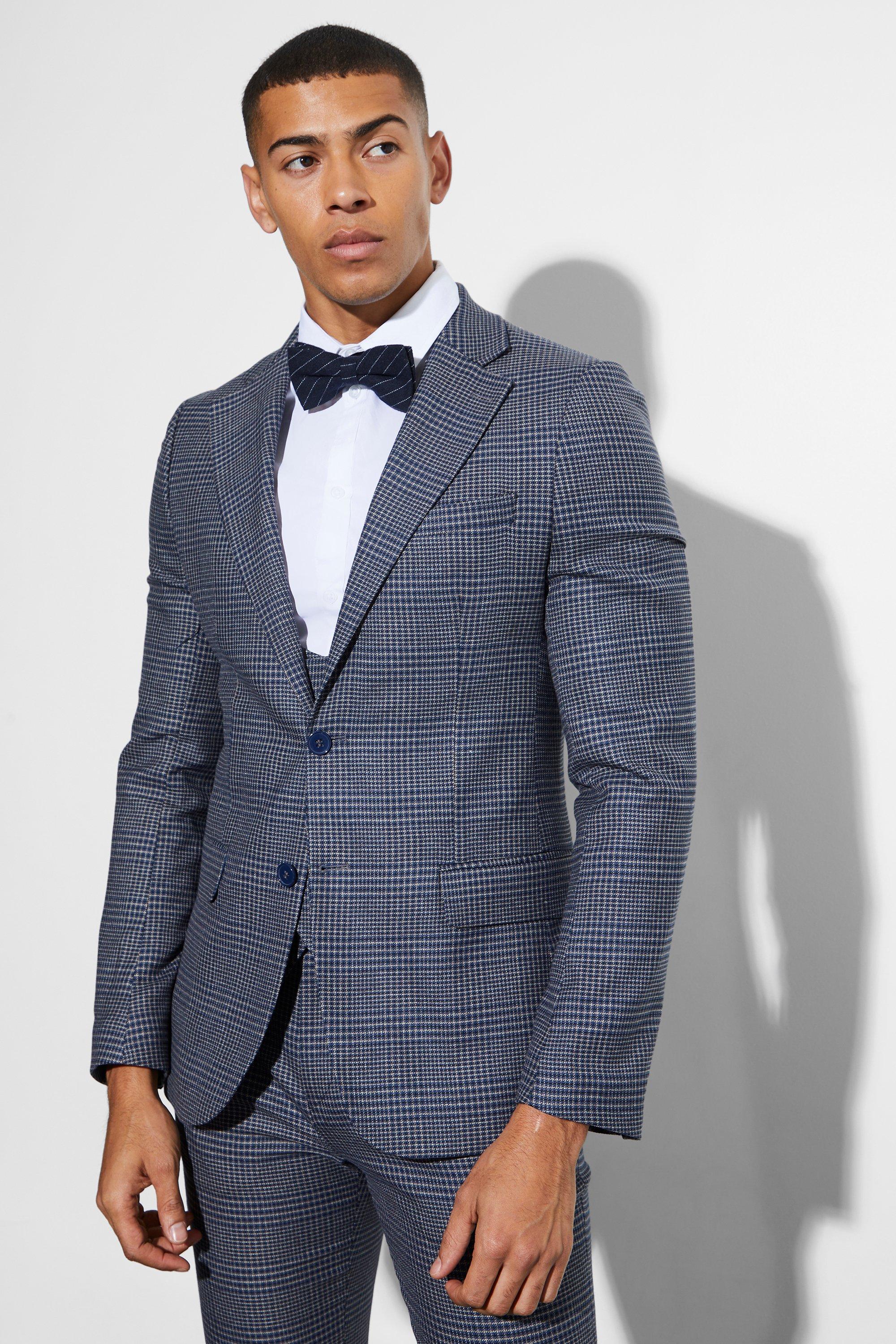 Navy Skinny Fit Single Breasted Checked Blazer