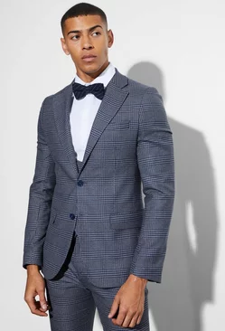 Skinny Single Breasted Check Suit Jacket Navy