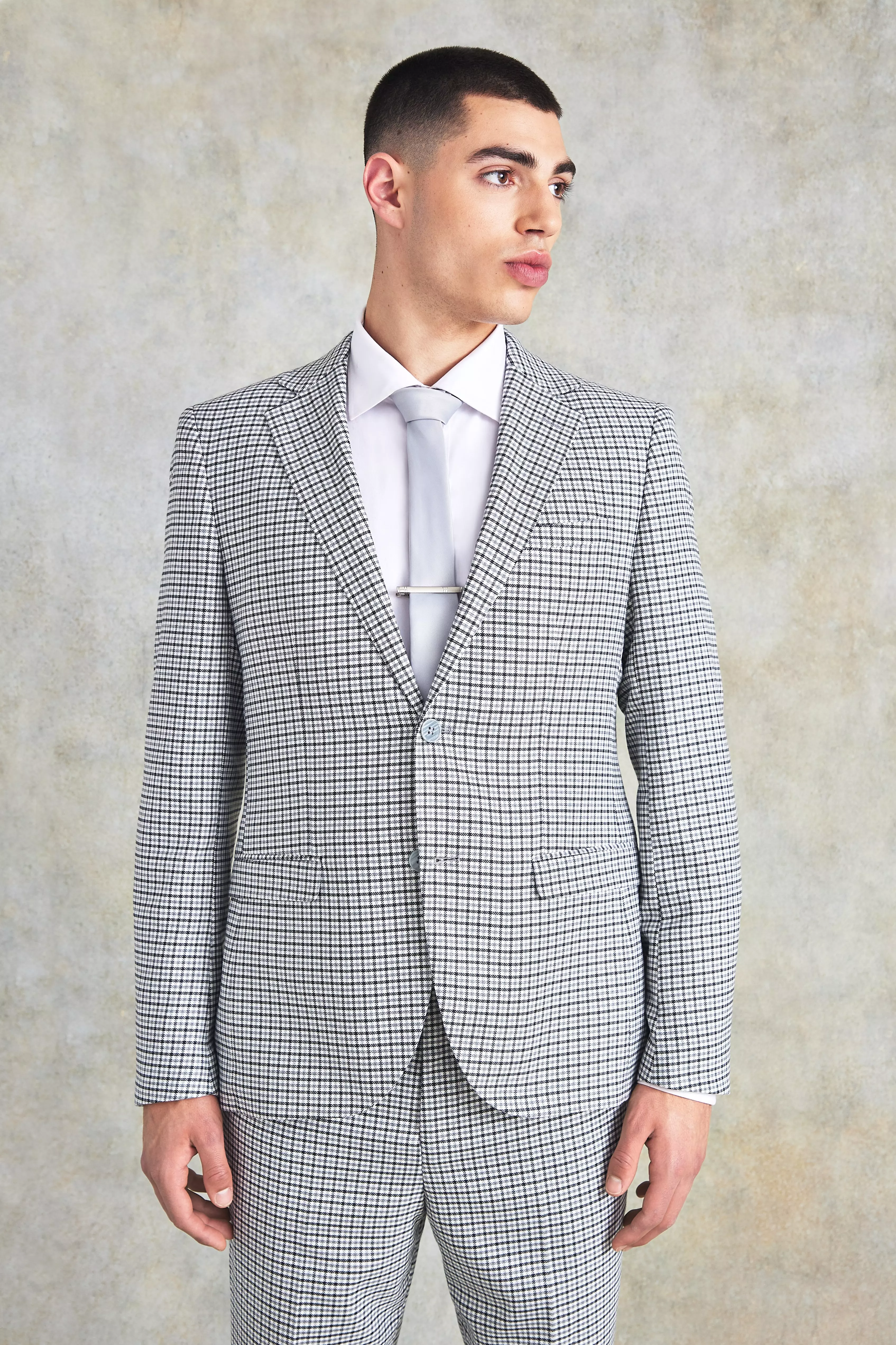 Slim Single Breasted Check Suit Jacket Light grey