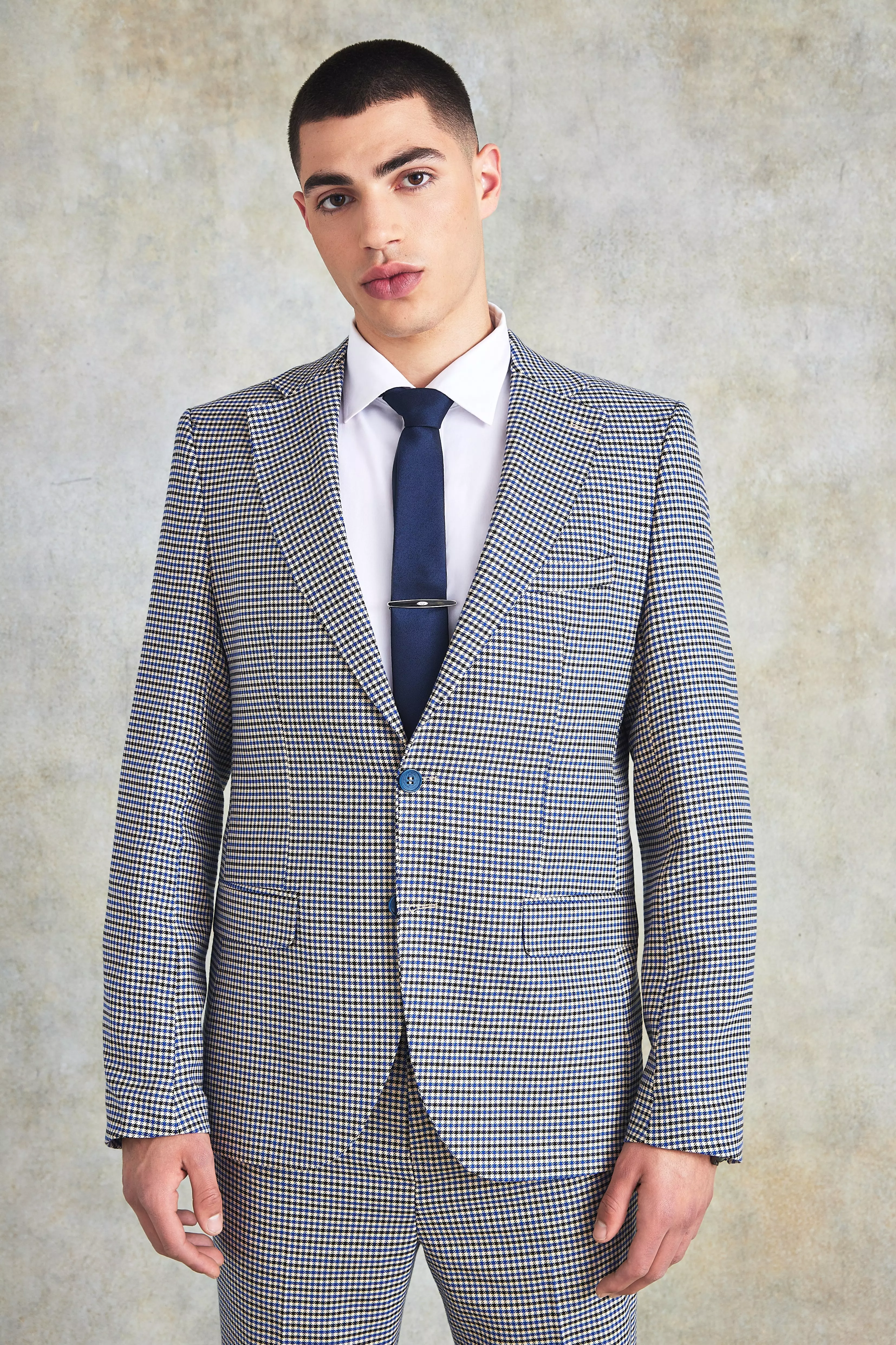 Blue Slim Single Breasted Plaid Suit Jacket