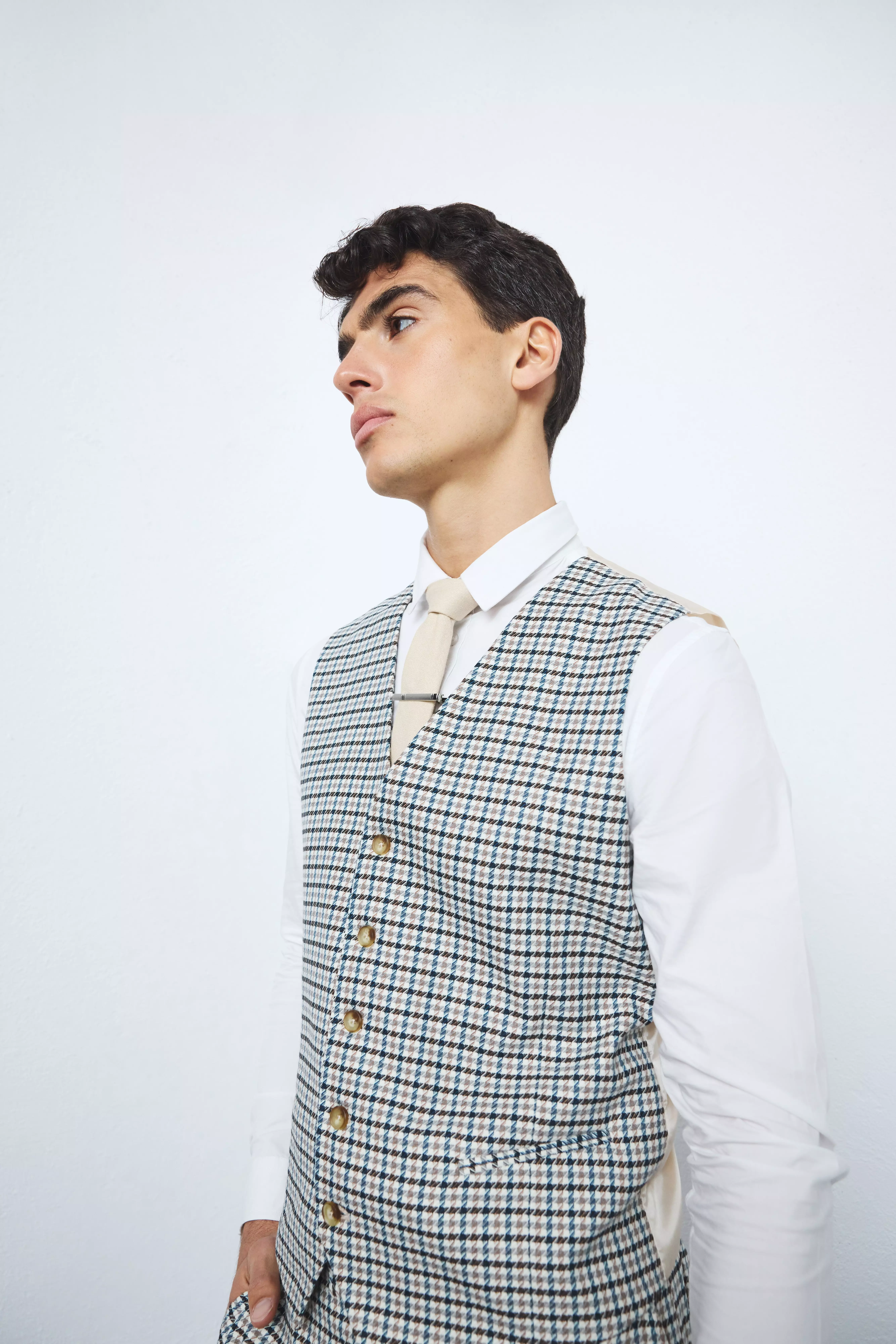 Beige Skinny Plaid Vest alternative image