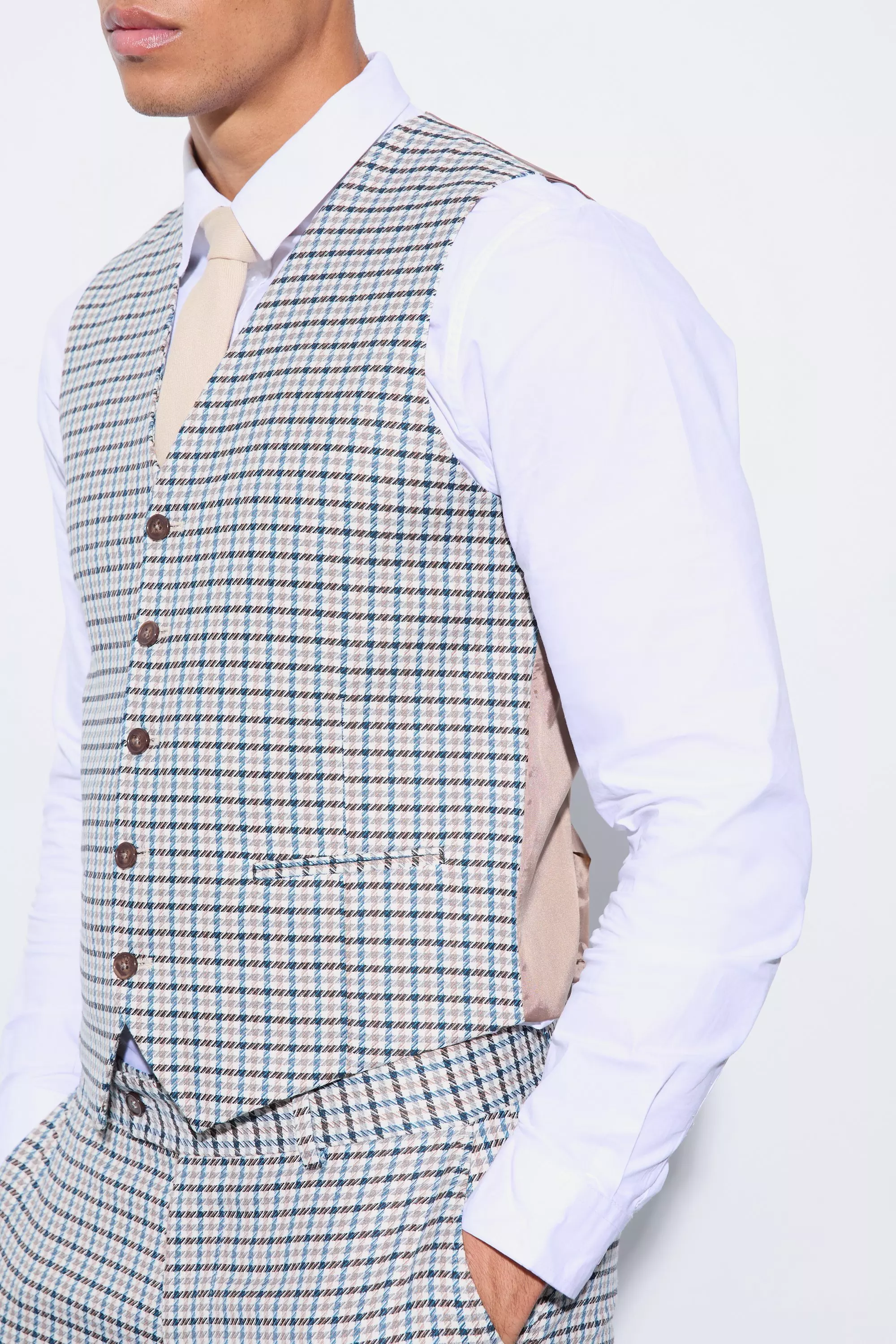 Beige Skinny Plaid Vest alternative image