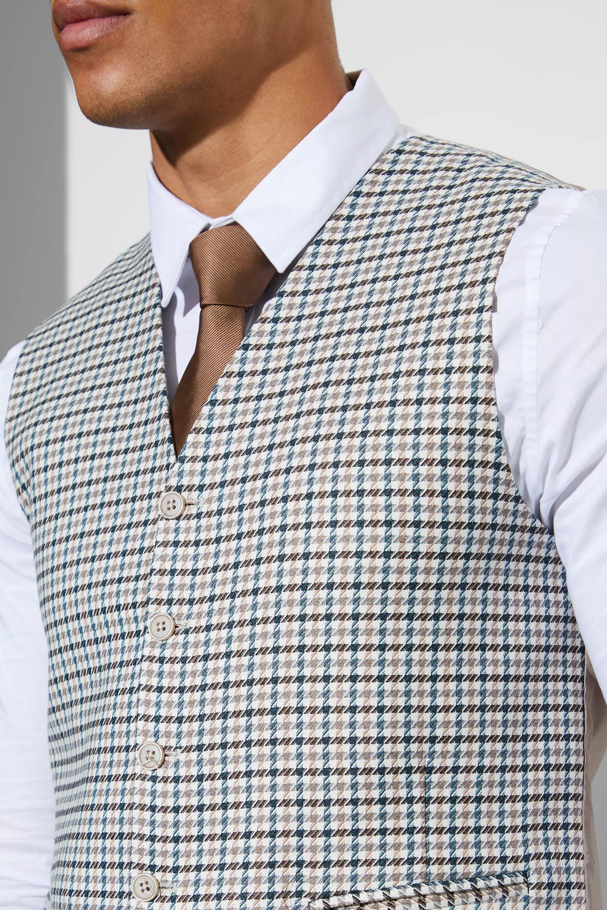 Beige Skinny Plaid Vest alternative image