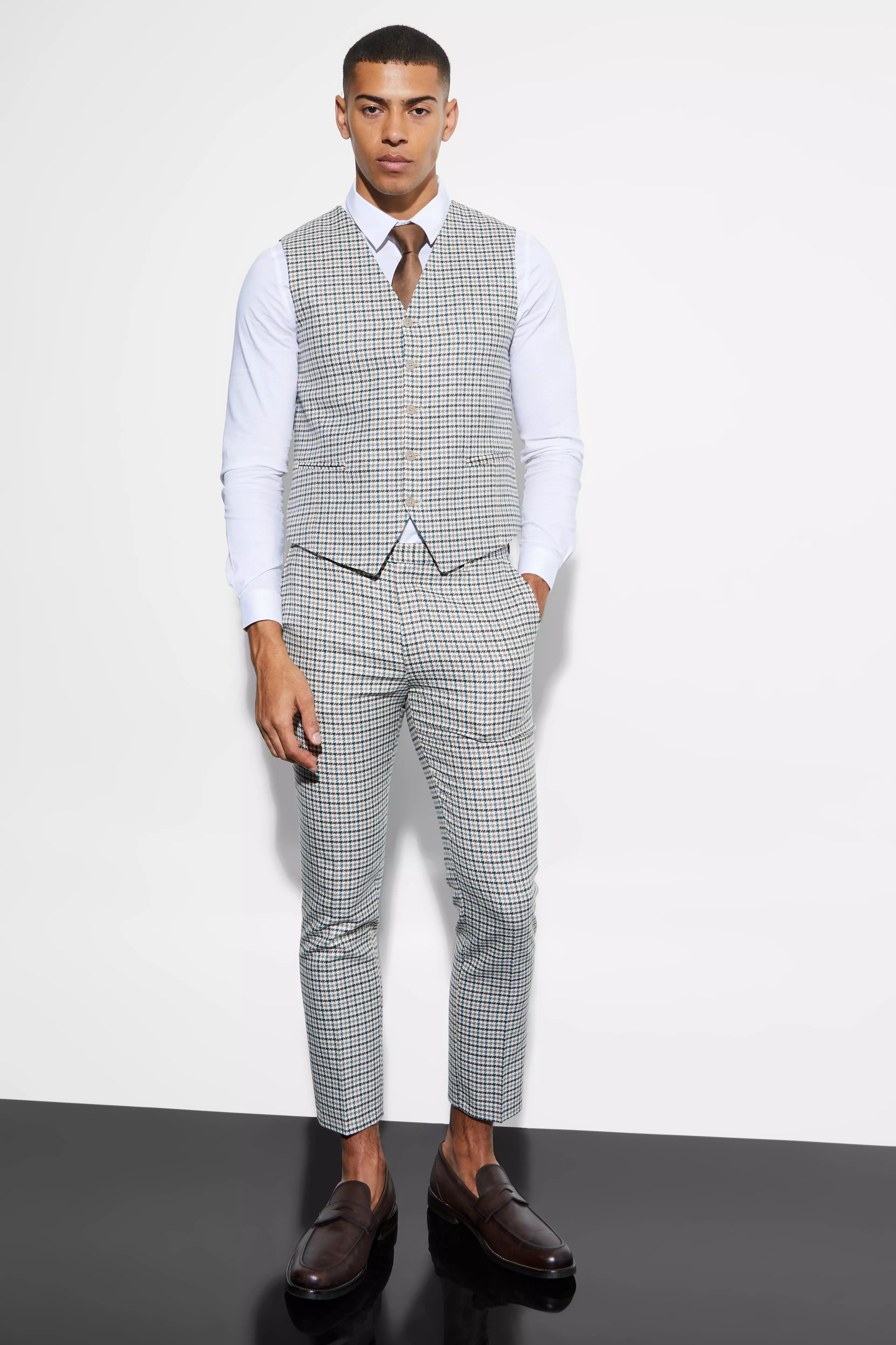 Beige Skinny Plaid Vest alternative image