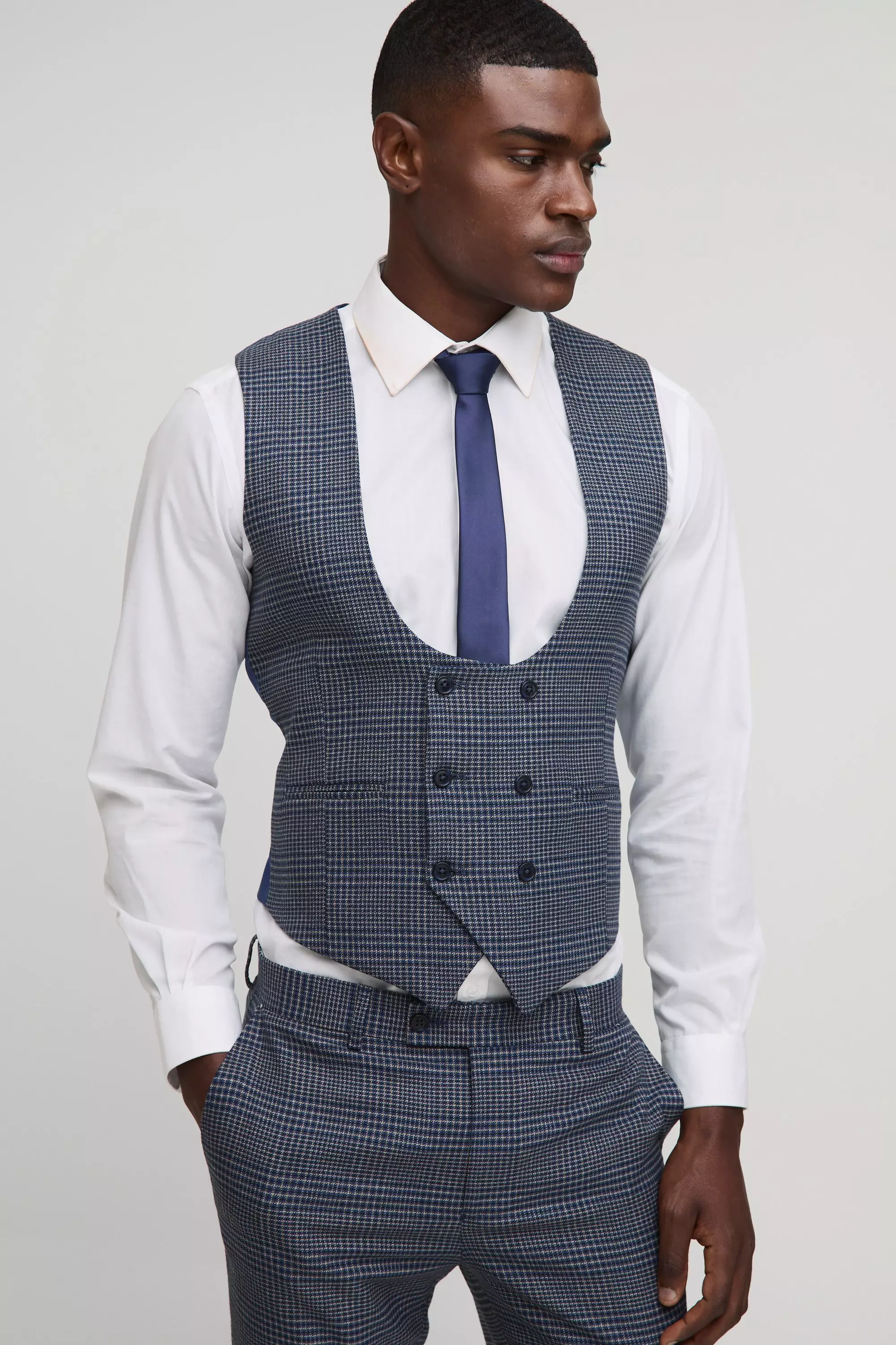Navy Skinny Double Breasted Plaid Vest alternative image