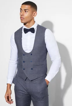 Skinny Double Breasted Check Vest Navy