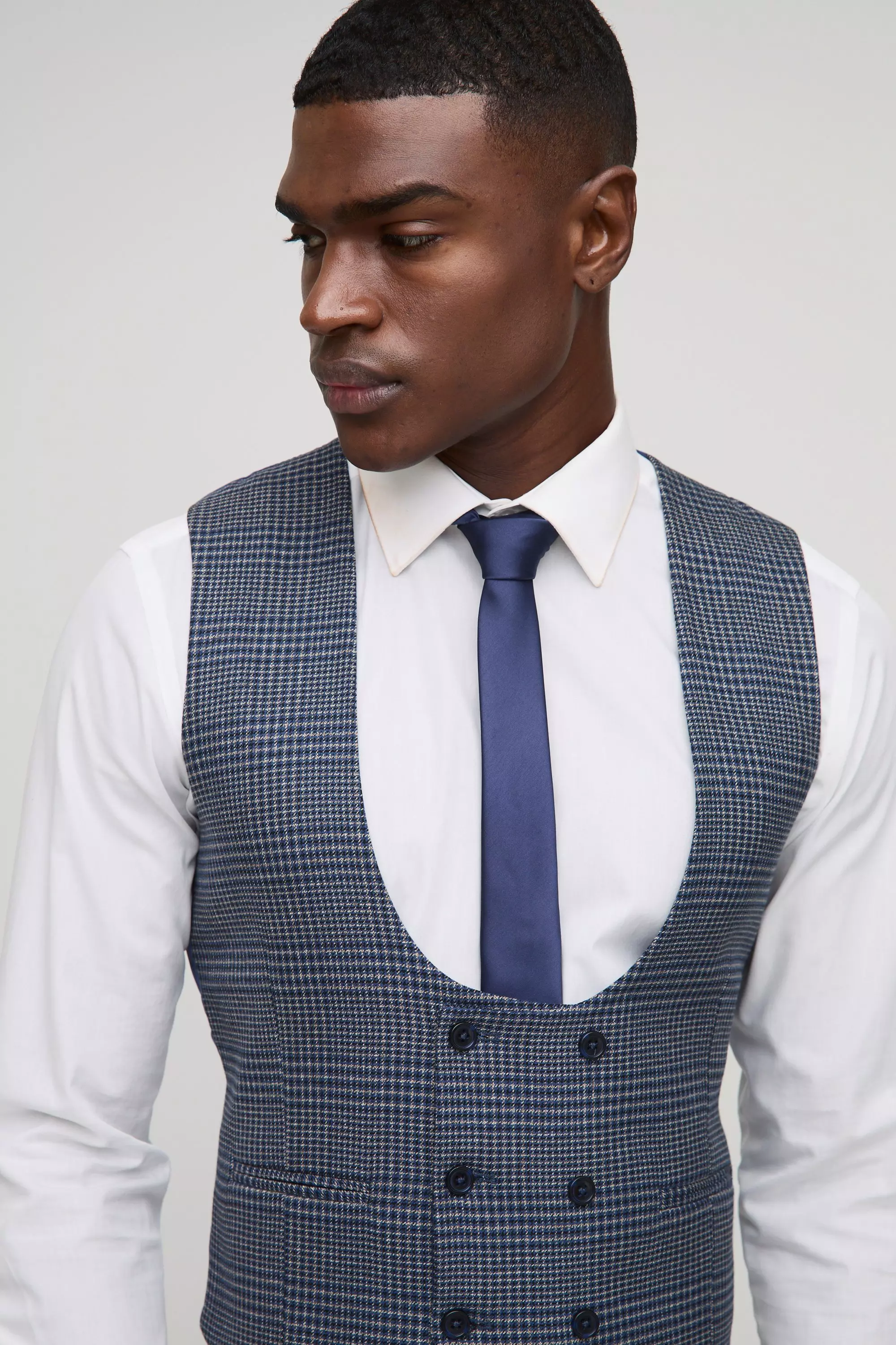 Navy Skinny Double Breasted Plaid Vest alternative image