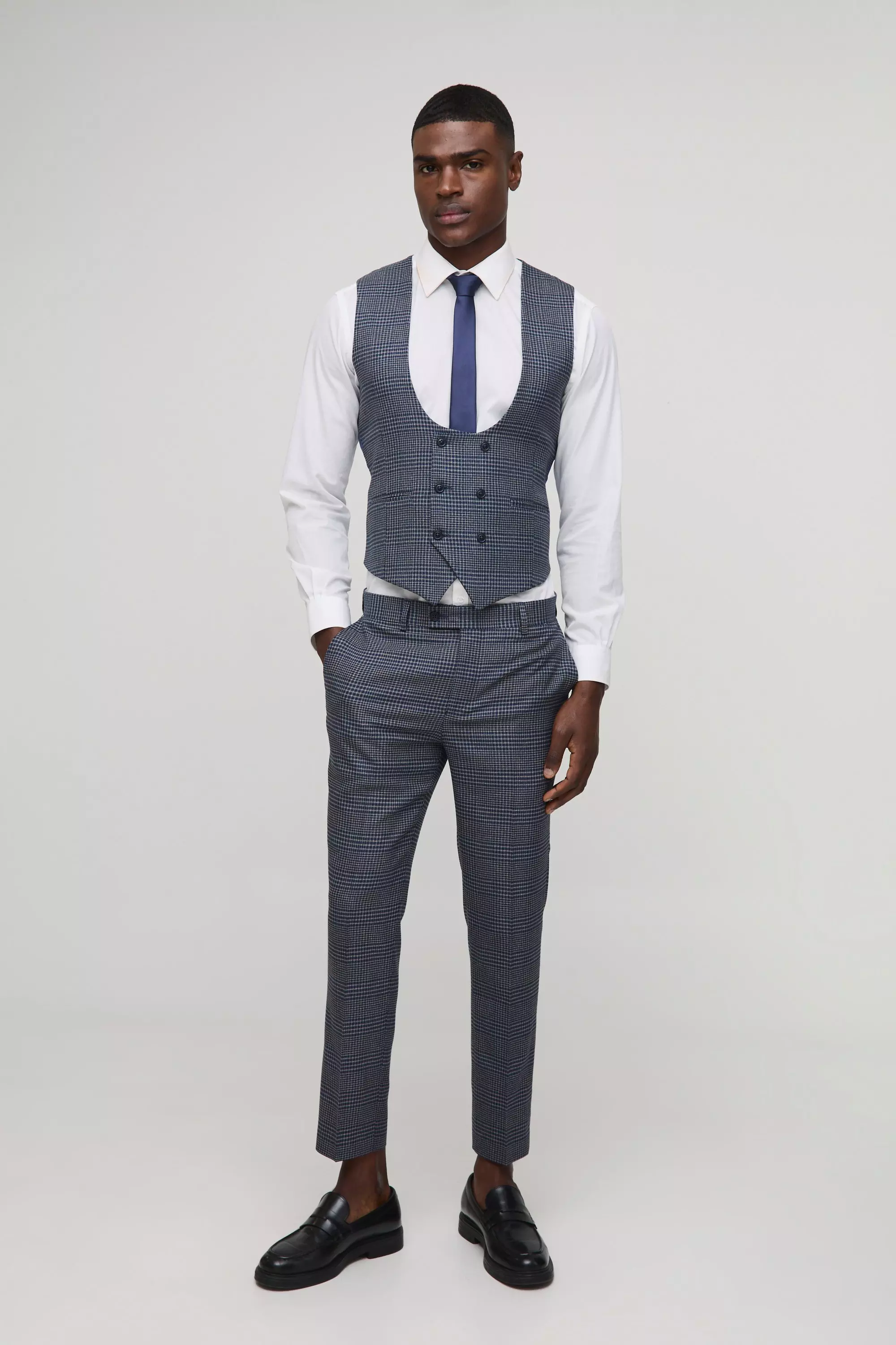 Navy Skinny Double Breasted Plaid Vest alternative image
