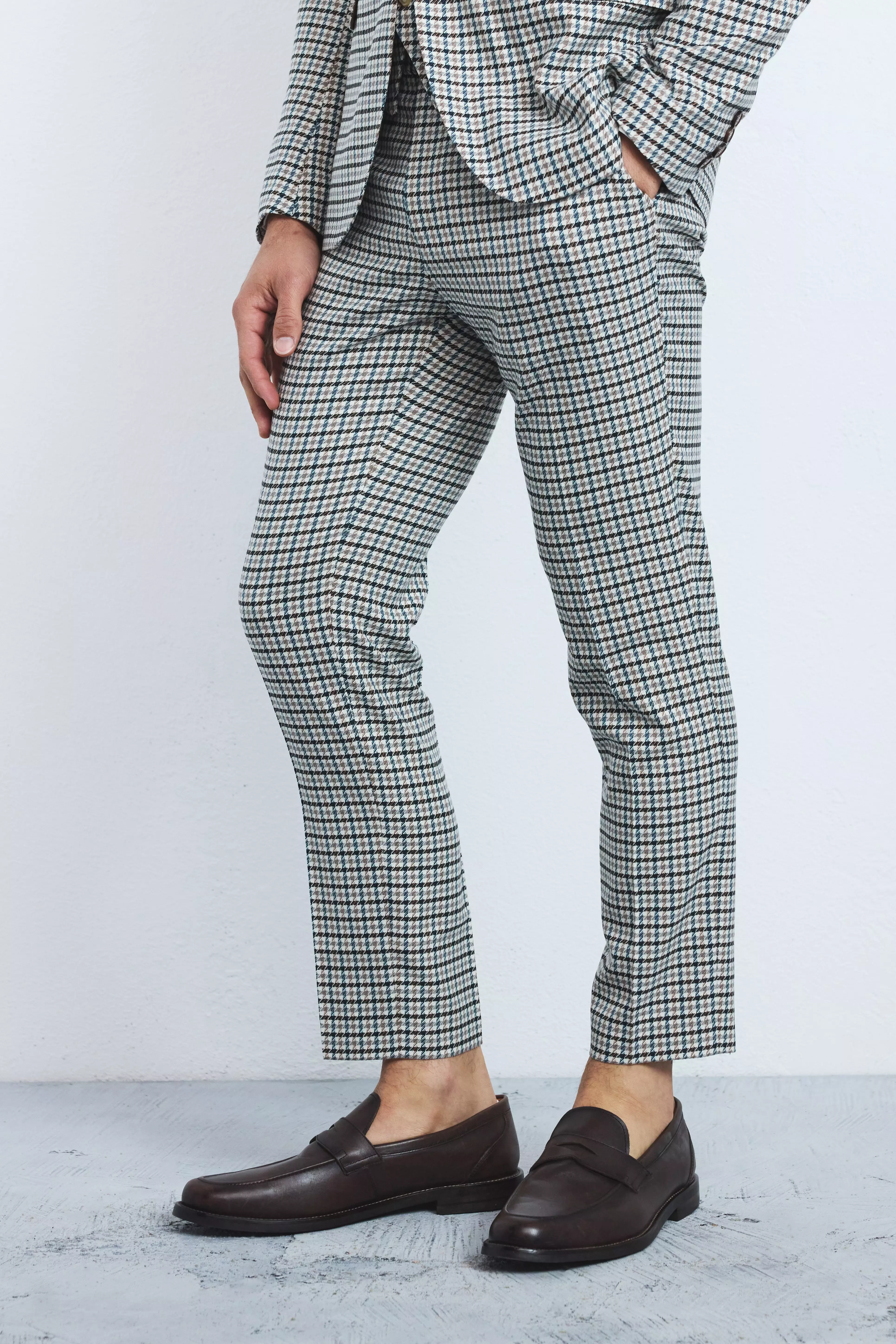 Skinny Cropped Check Dress Pants Beige
