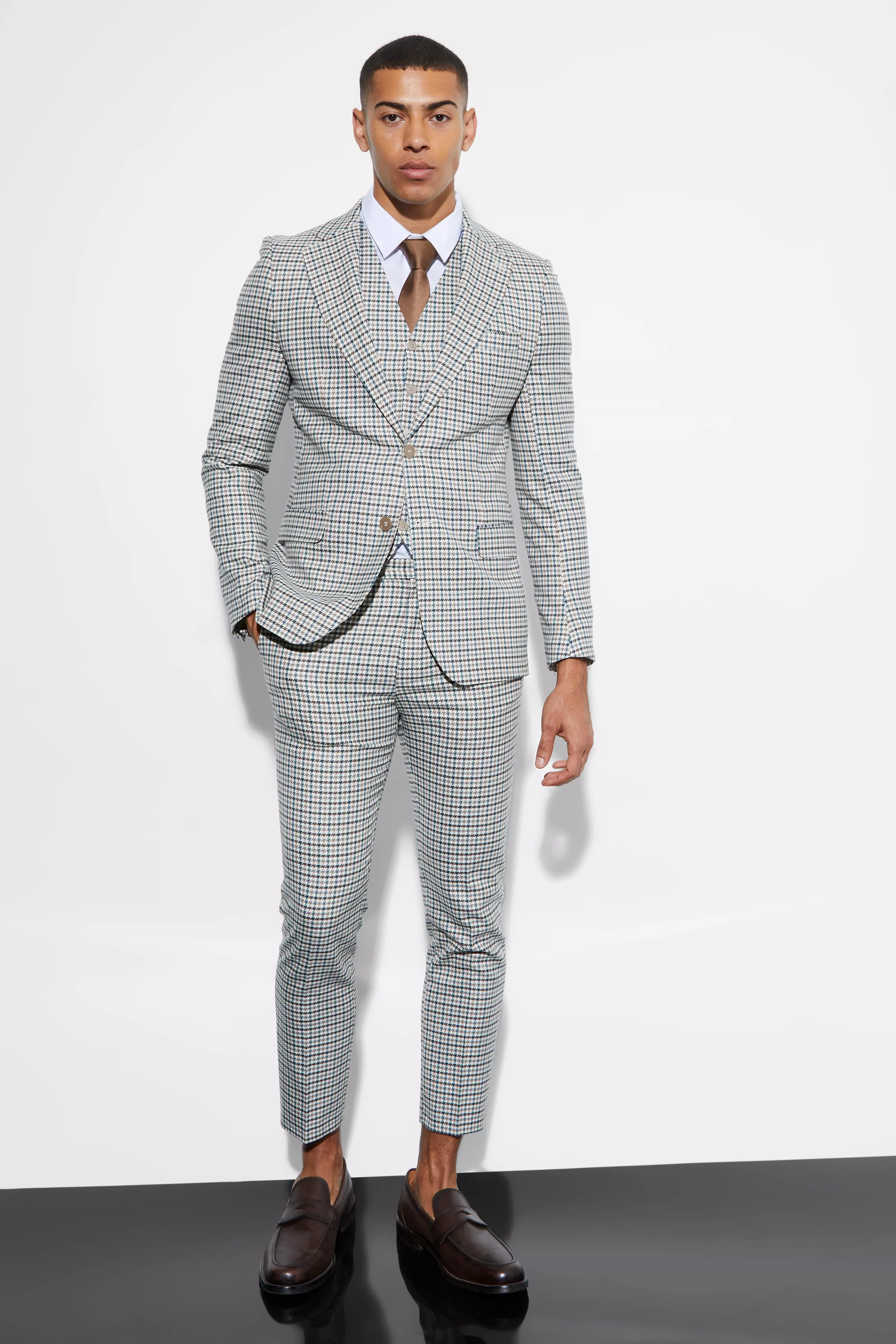 Beige Skinny Cropped Checked Suit Trousers alternative image