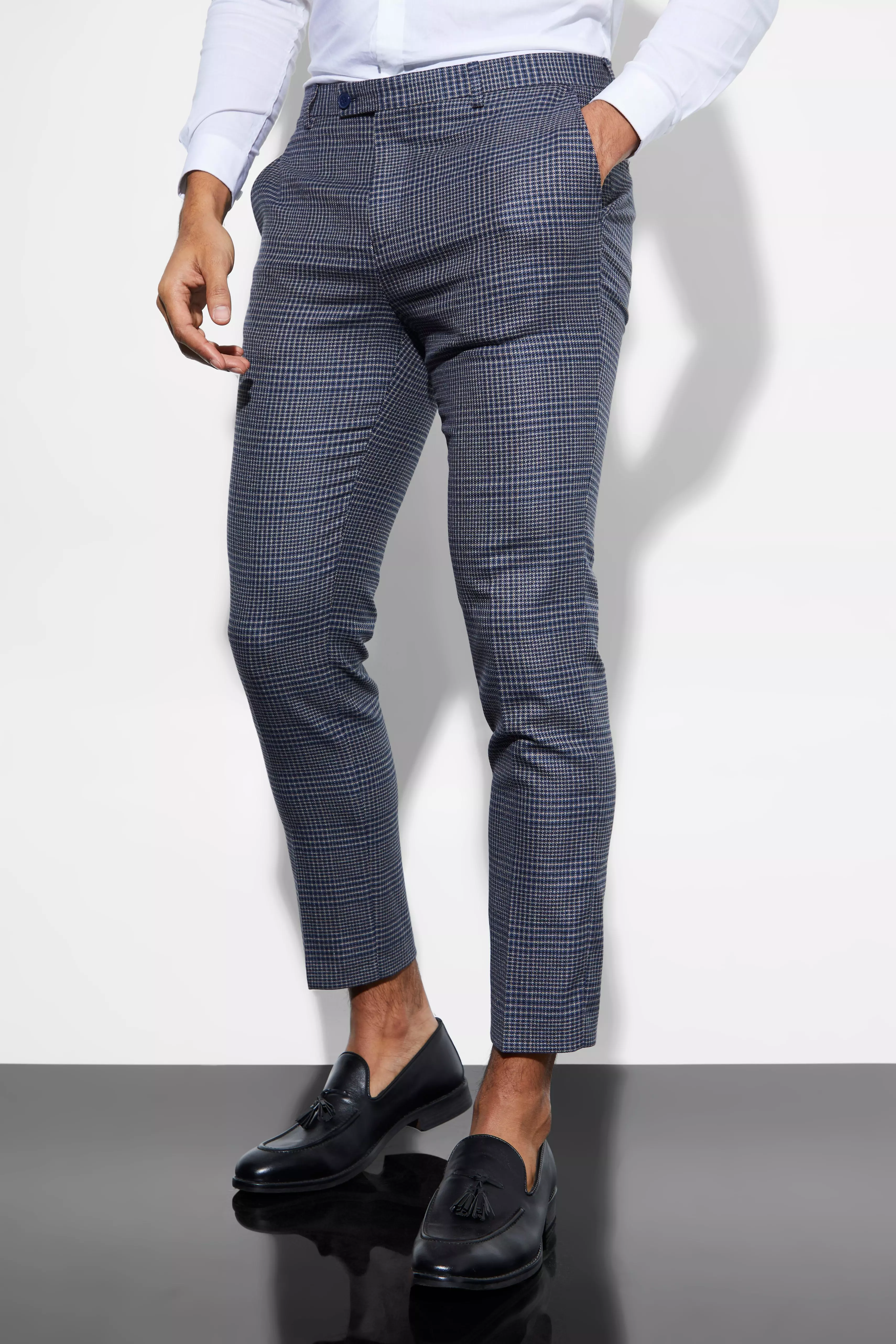 Skinny Cropped Check Suit Pants Navy