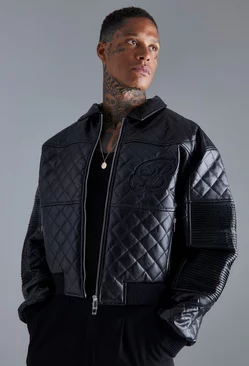 Boxy Fit Pu Quilted Collared Bomber Black