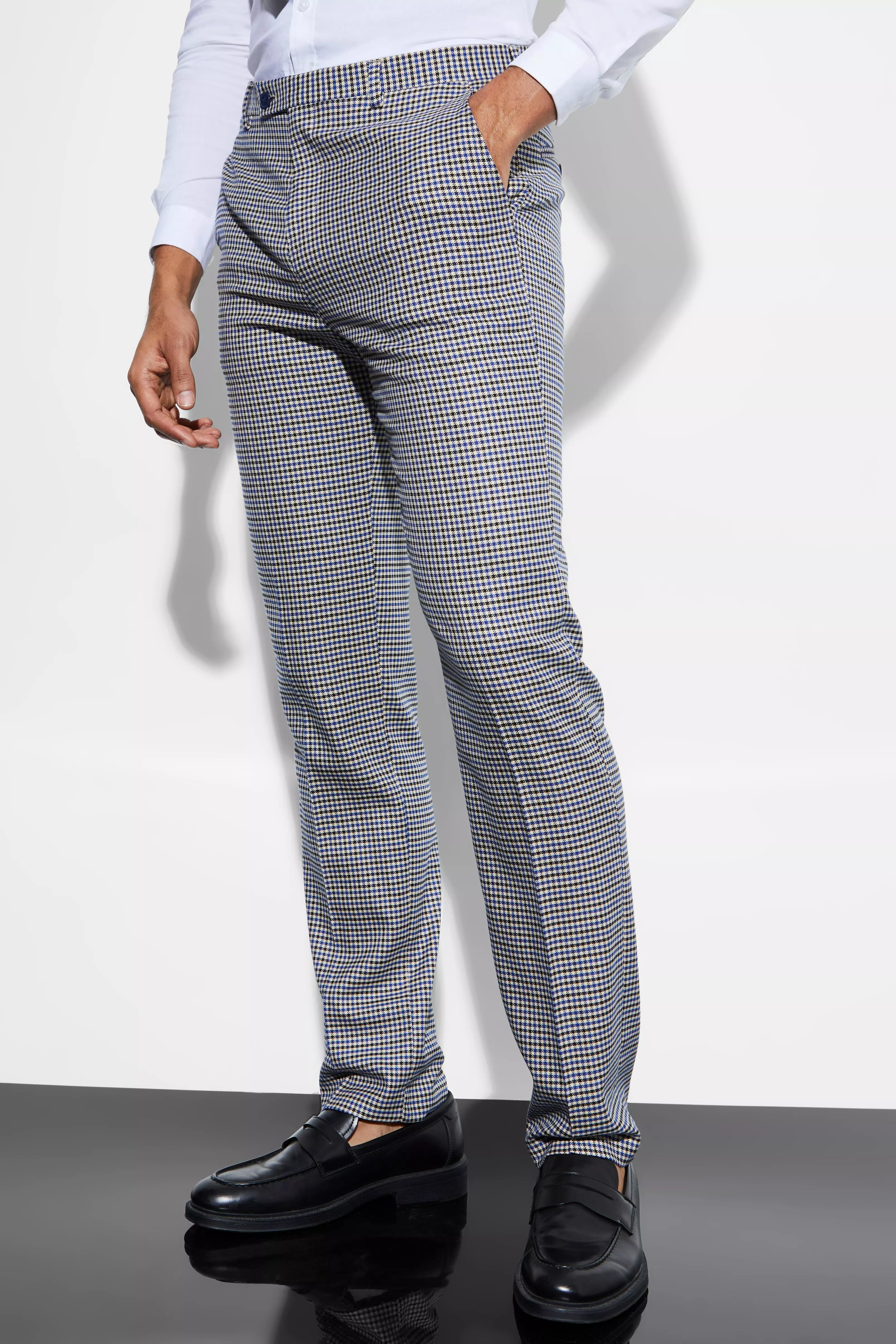 Blue Straight Leg Check Suit Pants