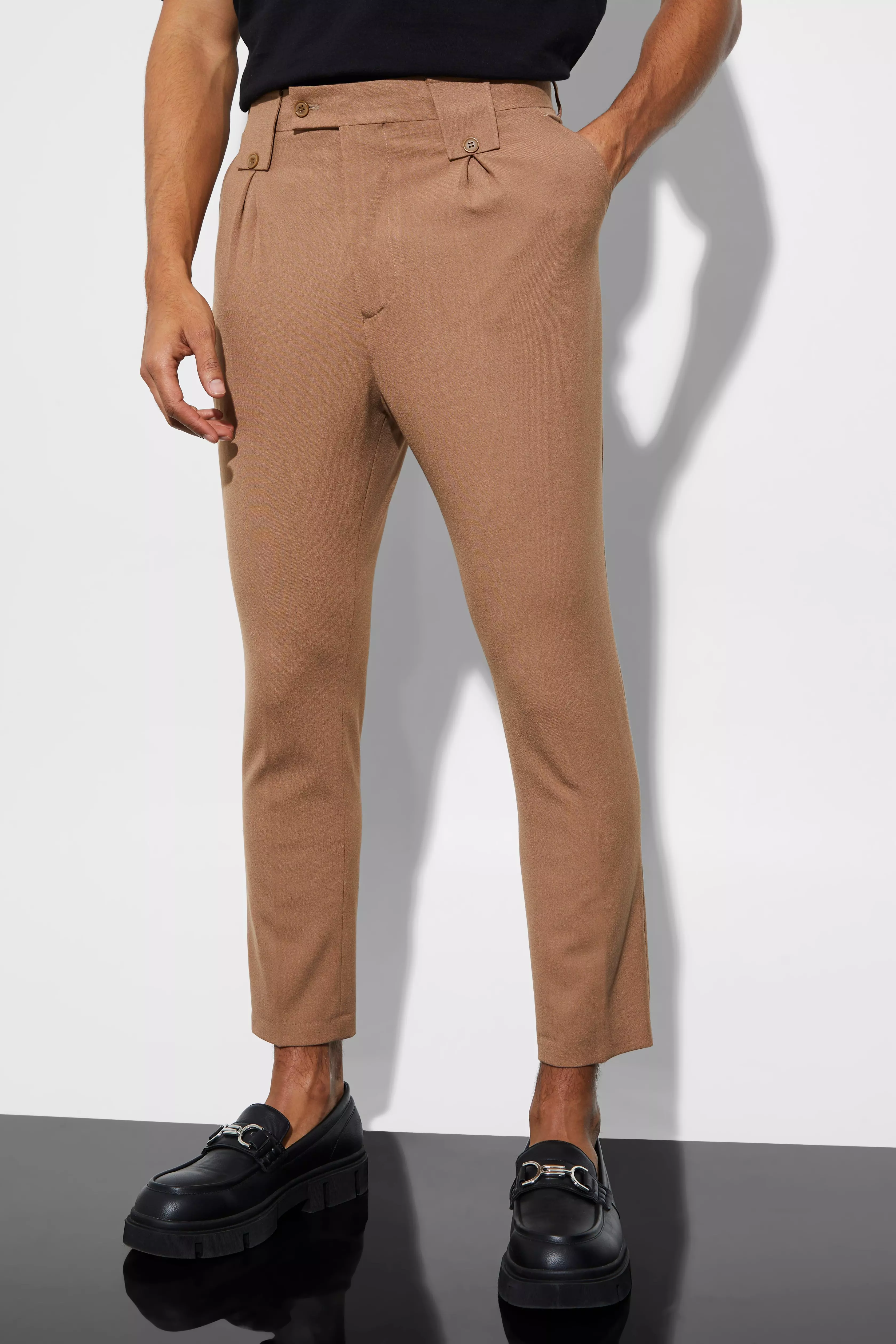 Brown Tapered High Rise Pants With Belt Loops alternative image