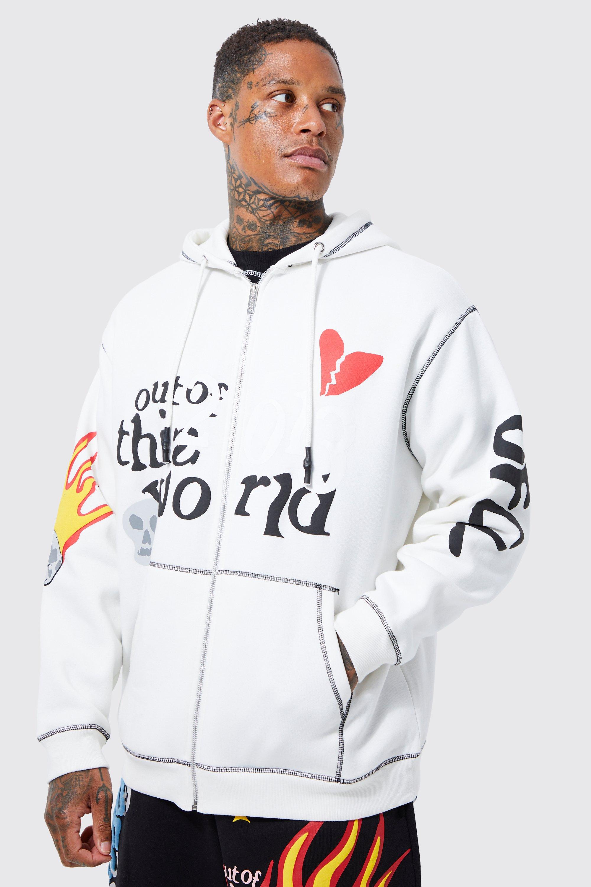 Oversized Contrast Stitch Graphic Zip Hoodie | boohooMAN