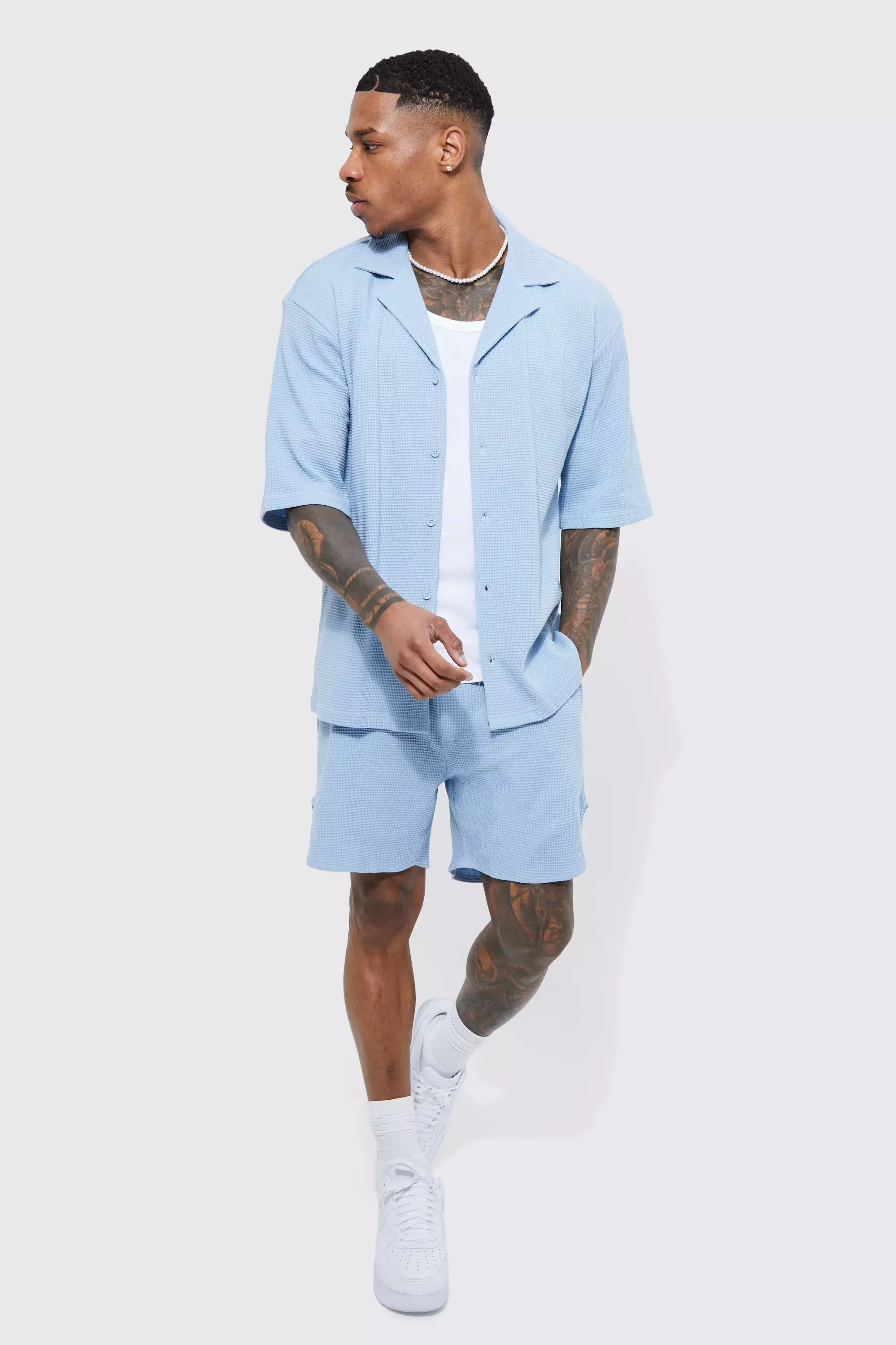 Double Knit Jersey Texture Short Sleeve Shirt And Short | boohooMAN USA