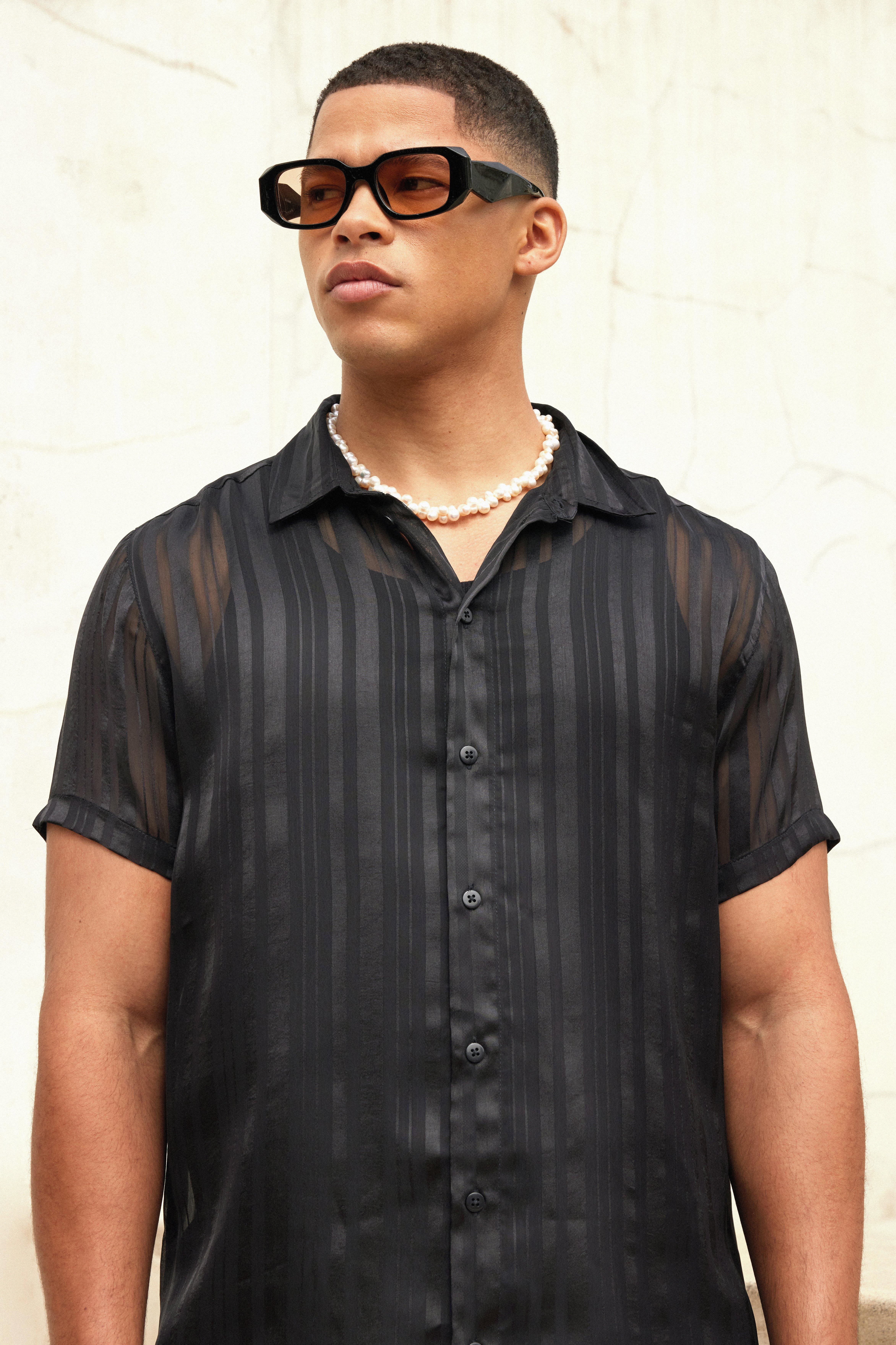 Short Sleeve Sheer Stripe Shirt | boohooMAN USA