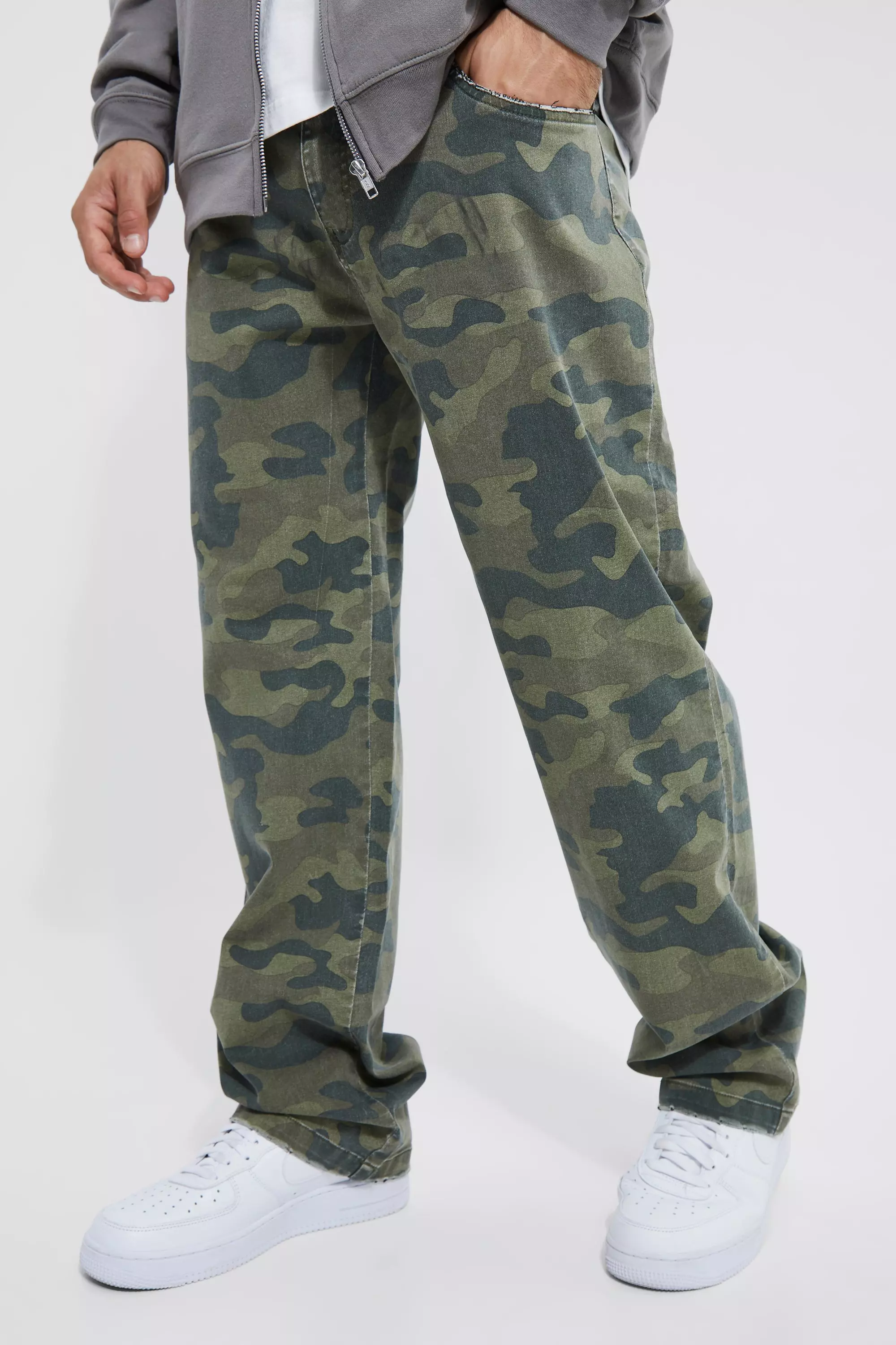 Fixed Waist Relaxed Washed Camo Pants Khaki