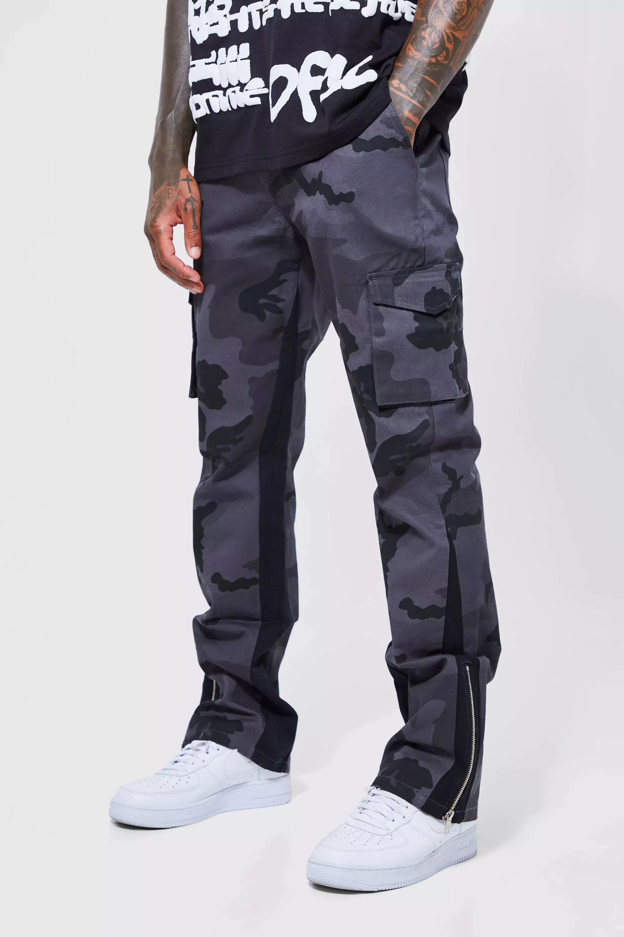 Fixed Waist Skinny Gusset Camo Cargo Pants Charcoal