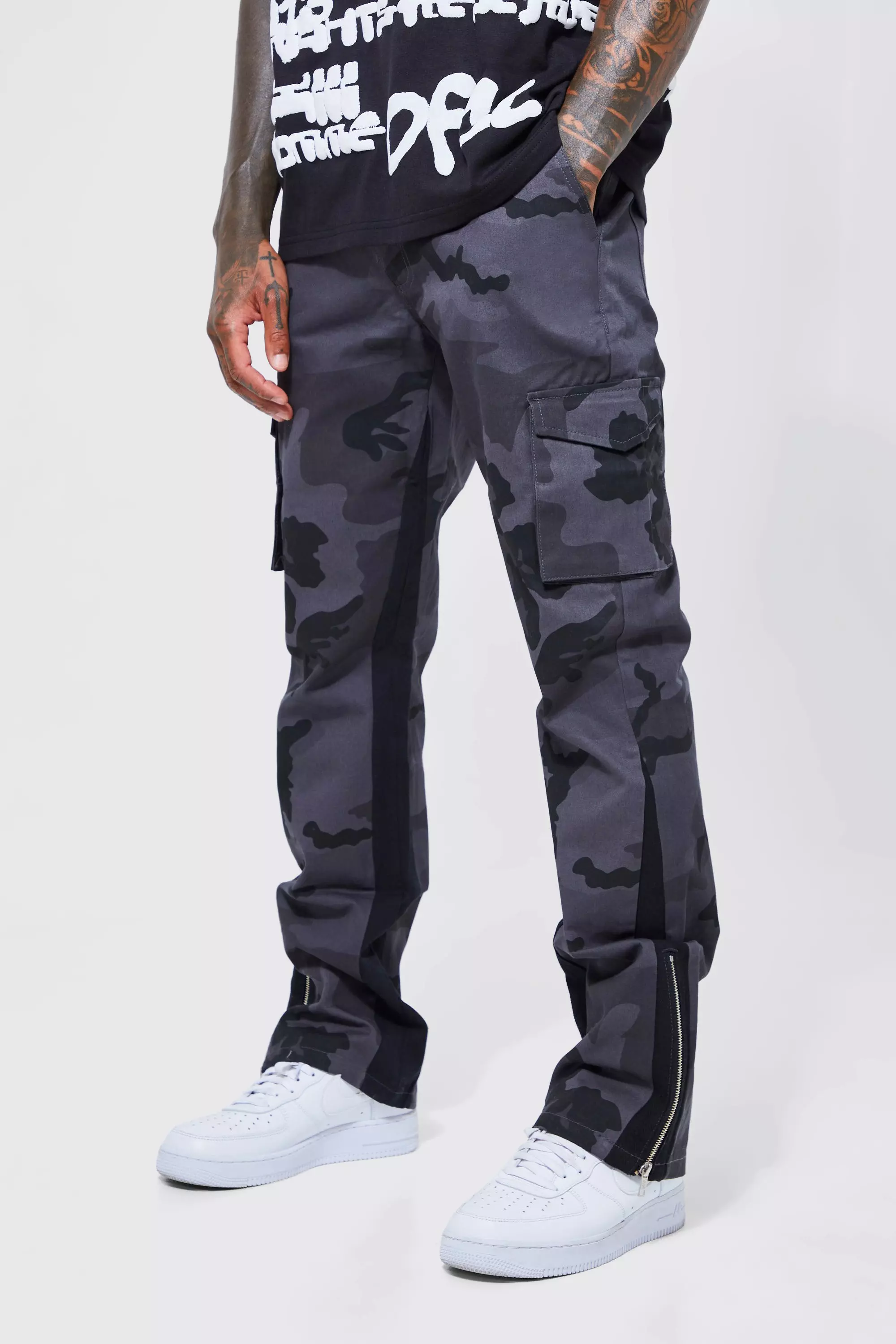 Charcoal Grey Fixed Waist Skinny Gusset Camo Cargo Pants