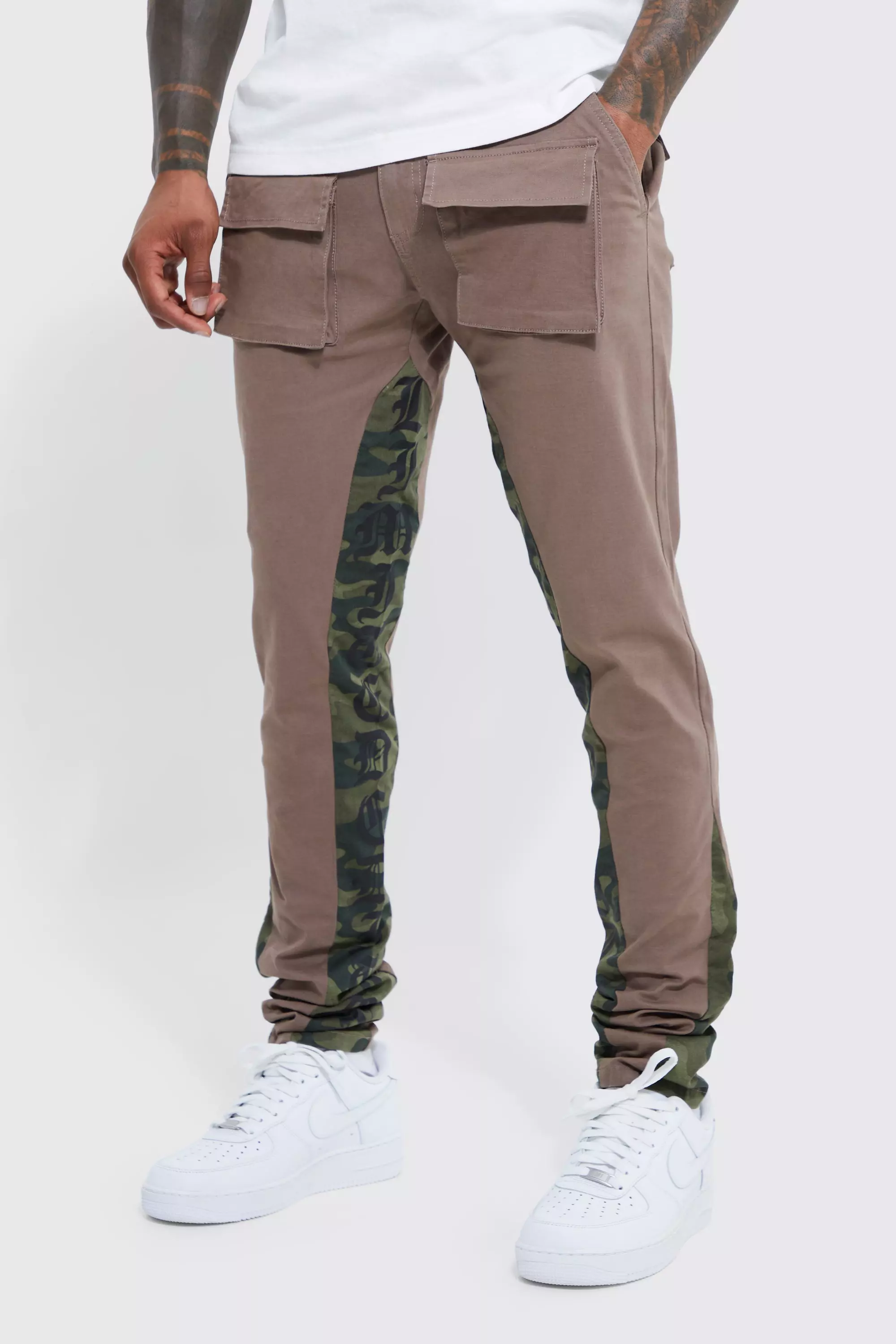 Fixed Waist Skinny Gusset Camo Cargo Pants Chocolate