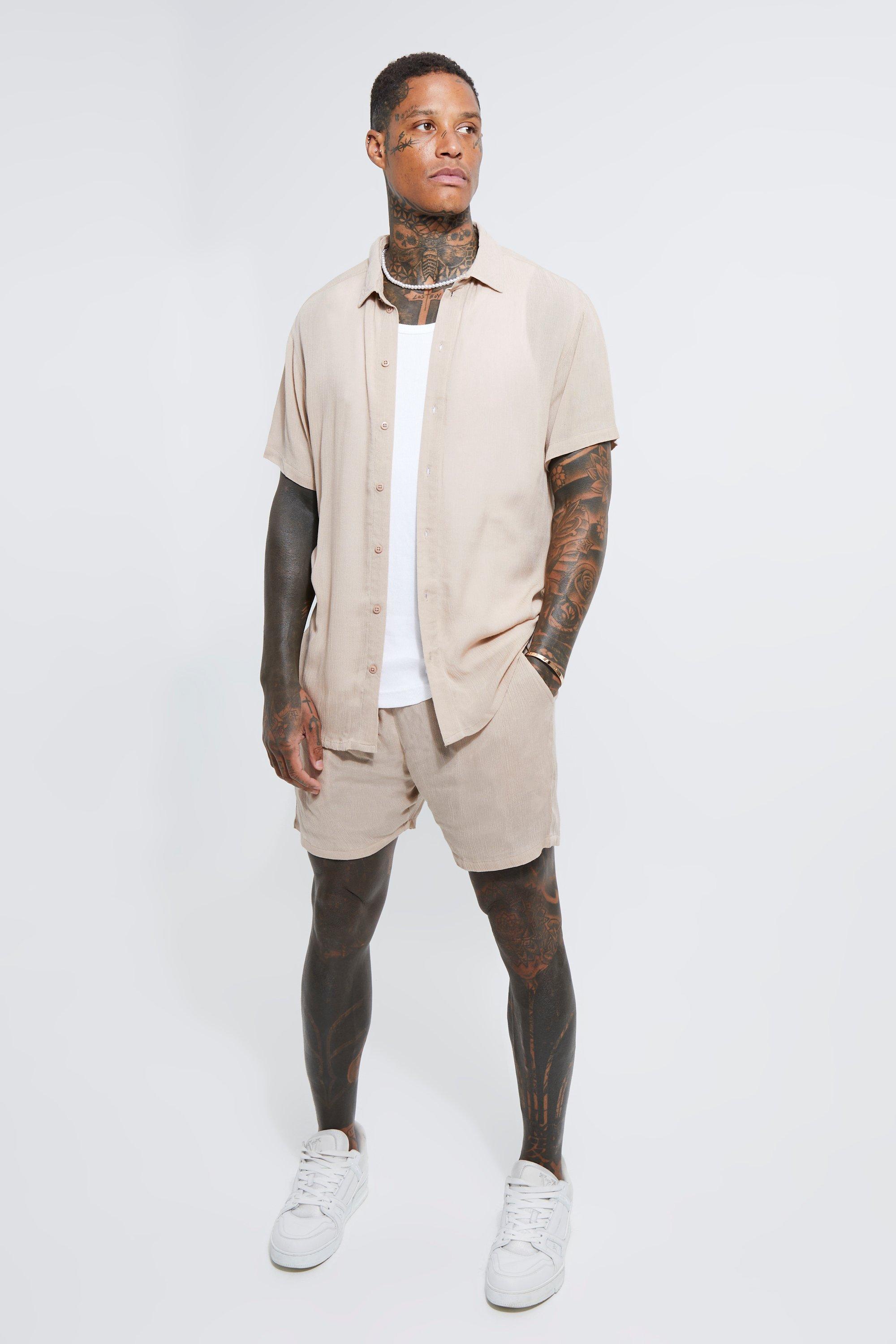 Short Sleeve Cheese Cloth Shirt And Short Set | boohooMAN USA