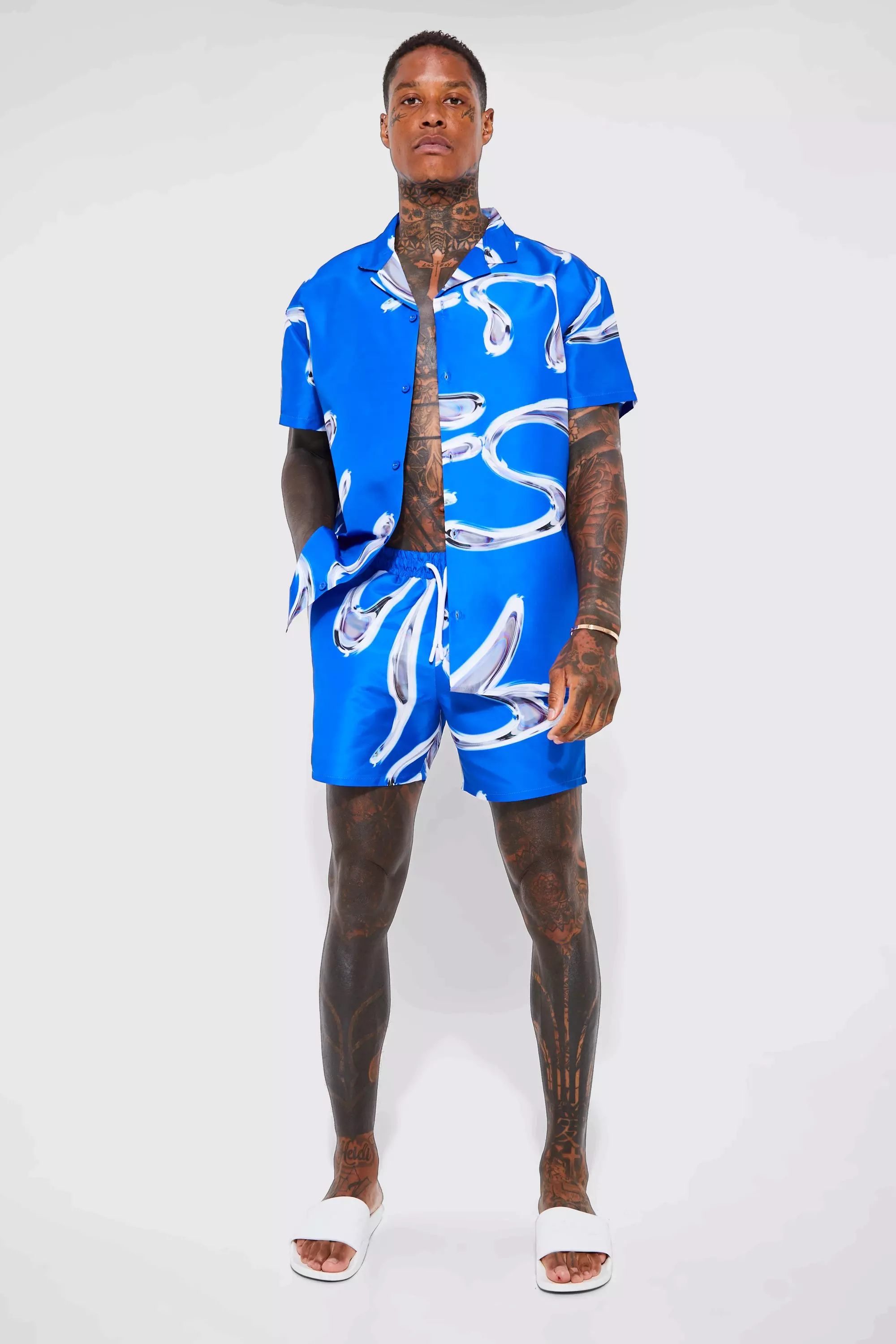 Short Sleeve Metallic Swirl Shirt And Swim Trunks Cobalt