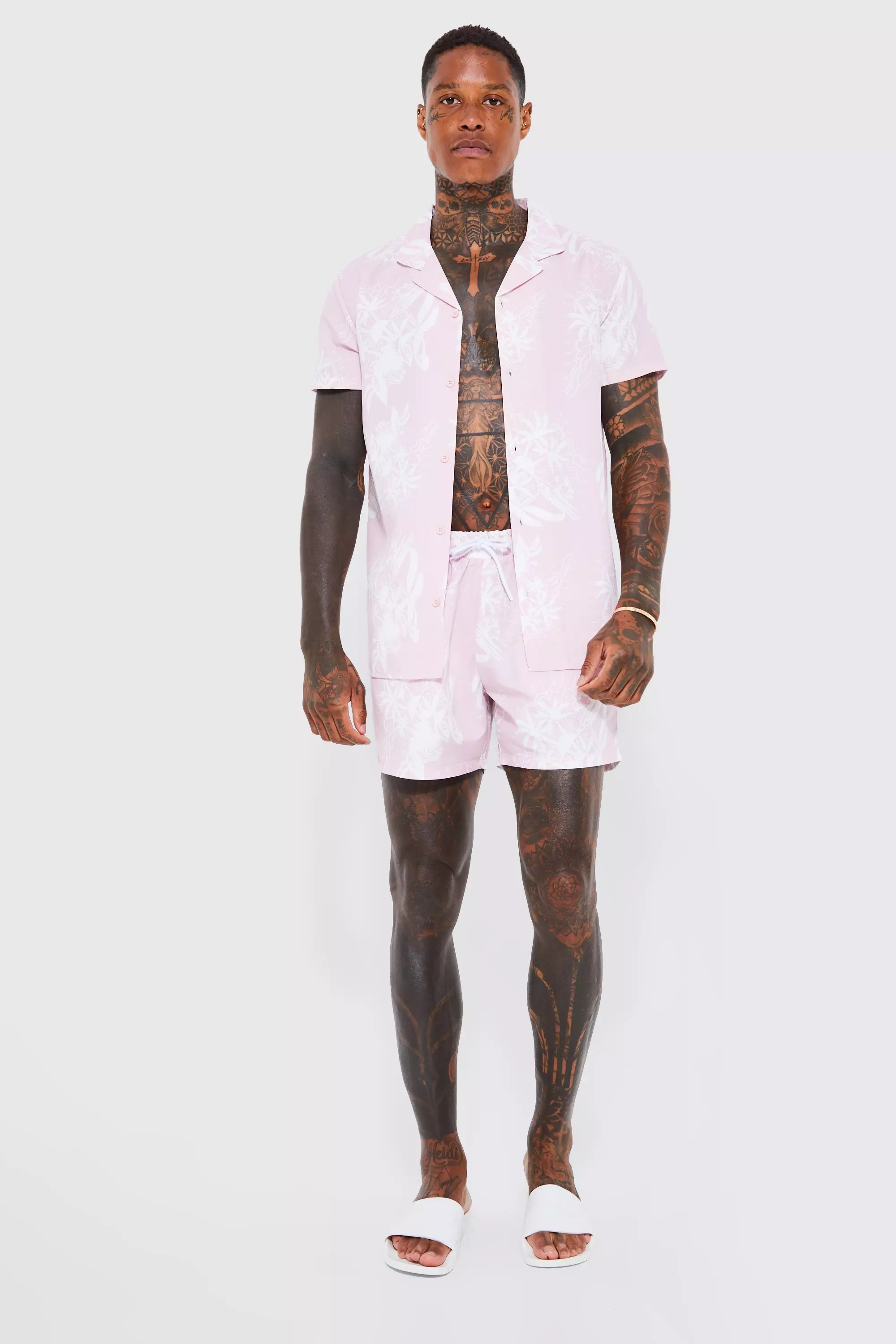 Short Sleeve Floral Shirt And Swim Trunks Pale pink