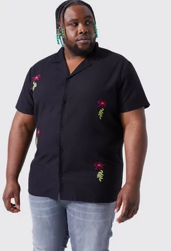 Plus Short Sleeve Floral Embroidered Shirt black