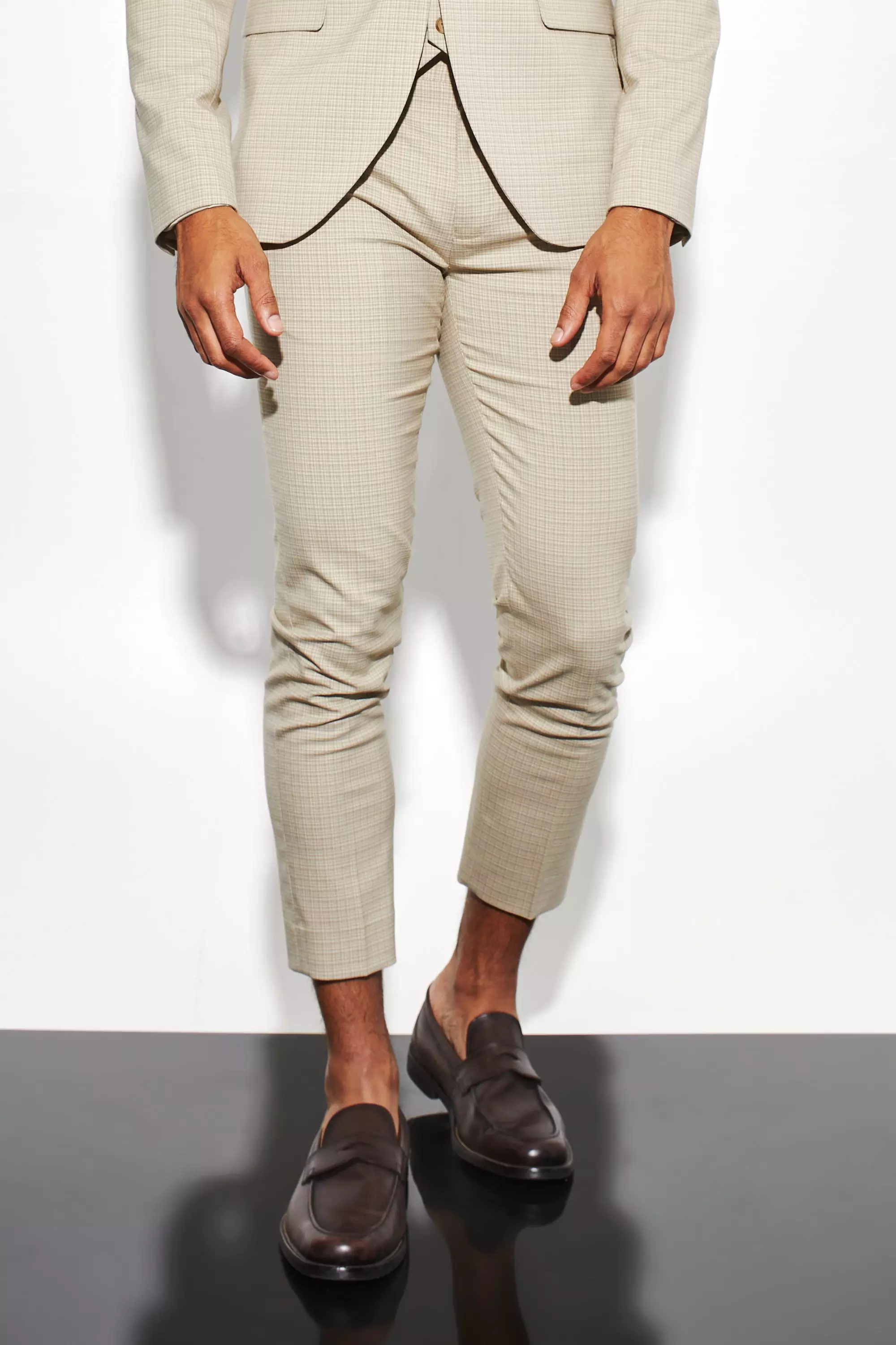 Beige Skinny Crop Micro Check Suit Pants