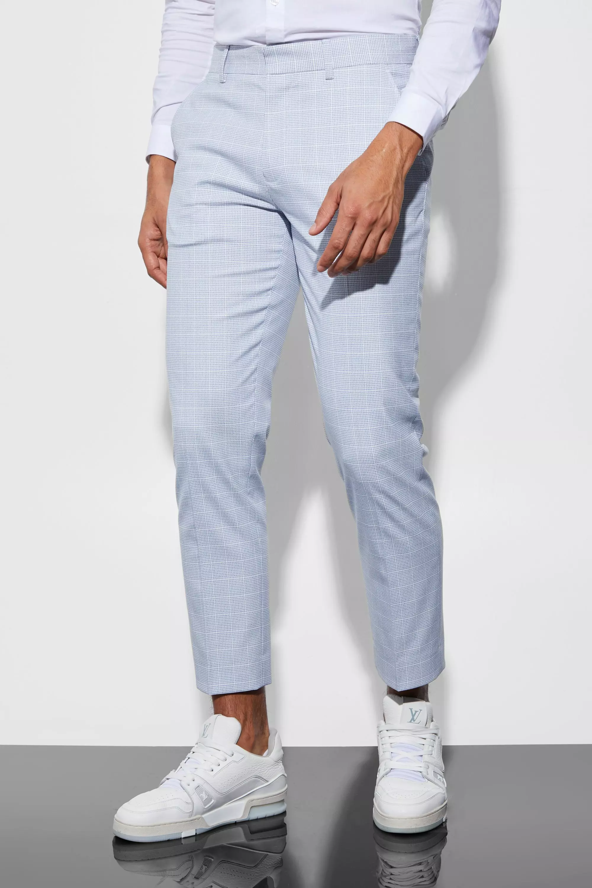 Ecru White Slim Crop Micro Check Suit Pants