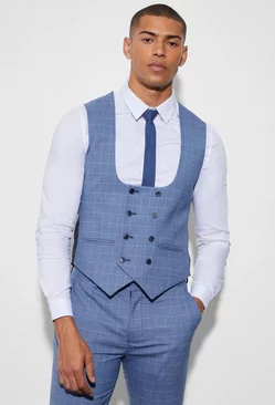 Navy Skinny Double Breasted Micro Check Vest