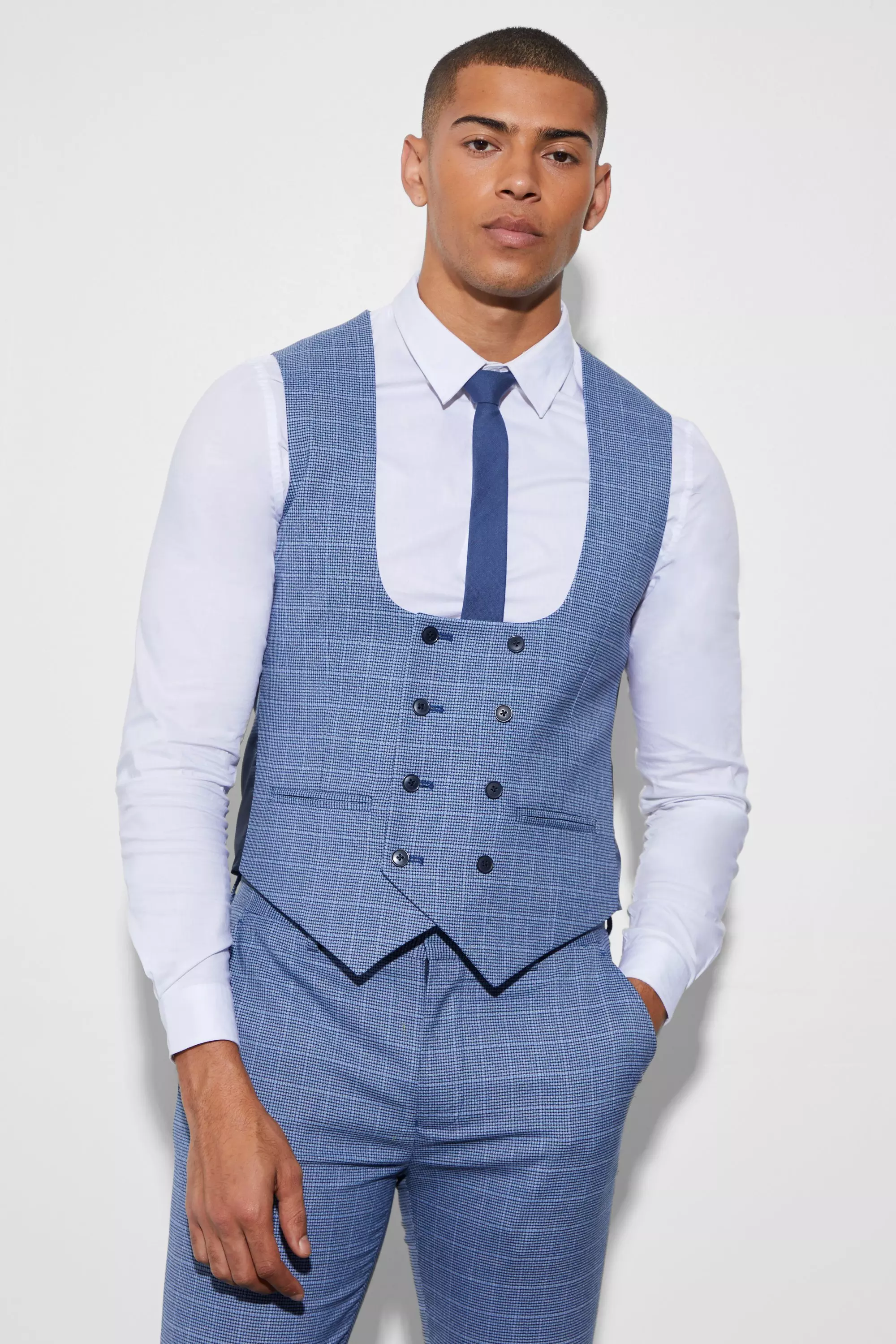Skinny Double Breasted Micro Check Vest Navy