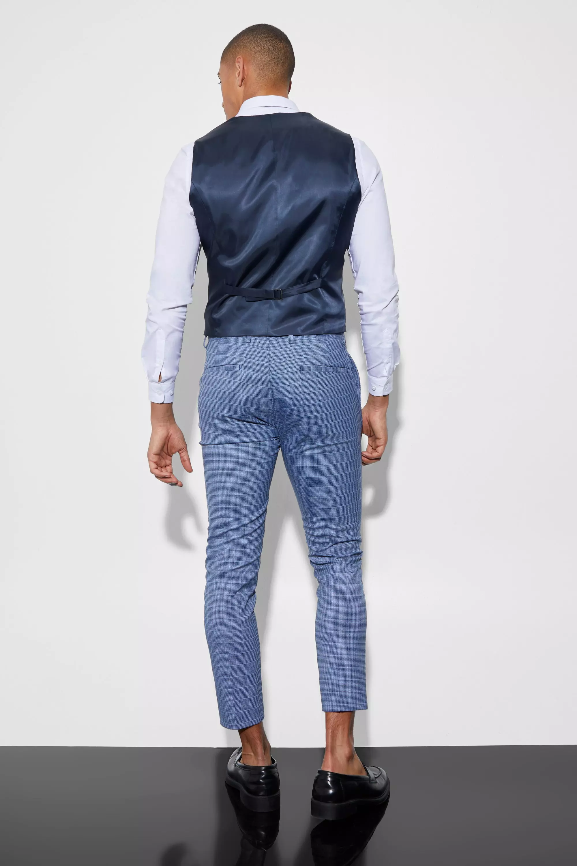 Navy Skinny Double Breasted Micro Check Waistcoat alternative image