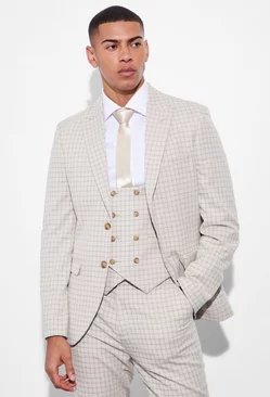 Slim Single Breasted Check Suit Jacket Sand