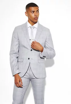Slim Fit Single Breasted Check Suit Jacket grey