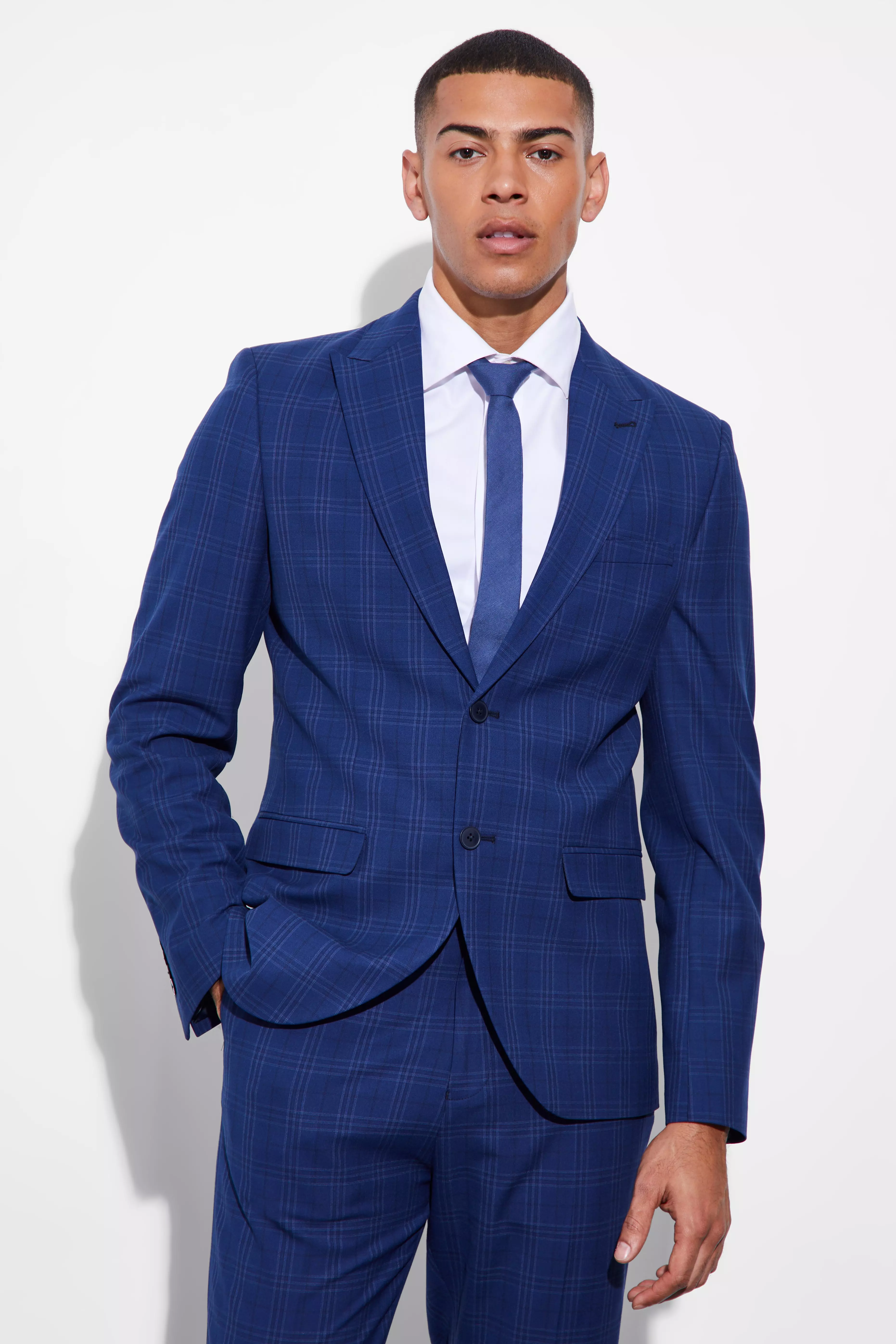 Navy Slim Single Breasted Check Suit Jacket alternative image