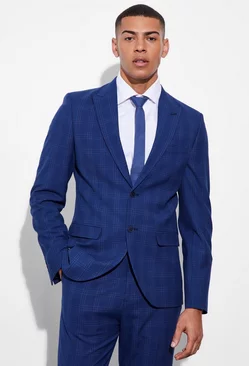 Slim Single Breasted Check Suit Jacket navy