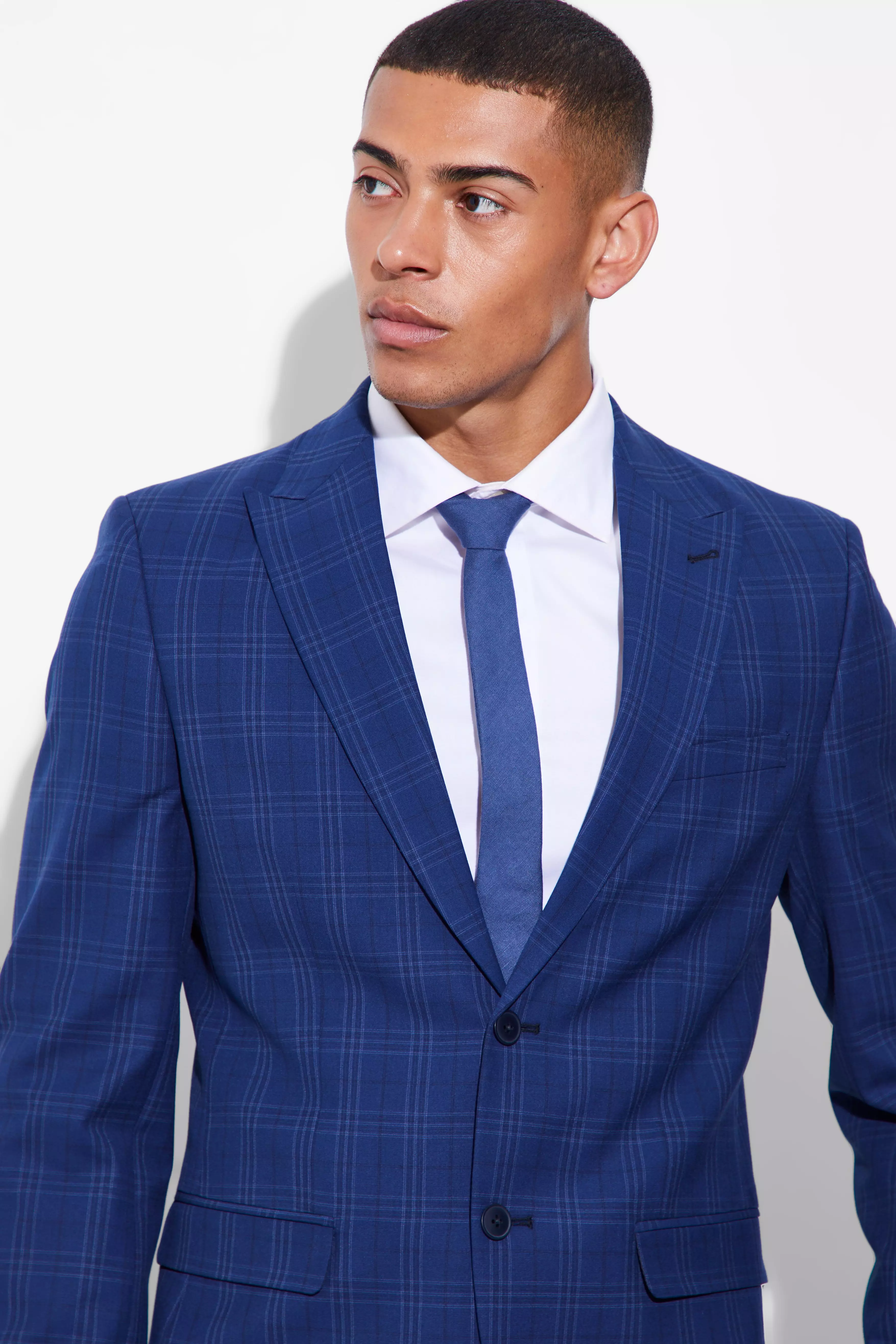 Navy Slim Single Breasted Check Suit Jacket alternative image