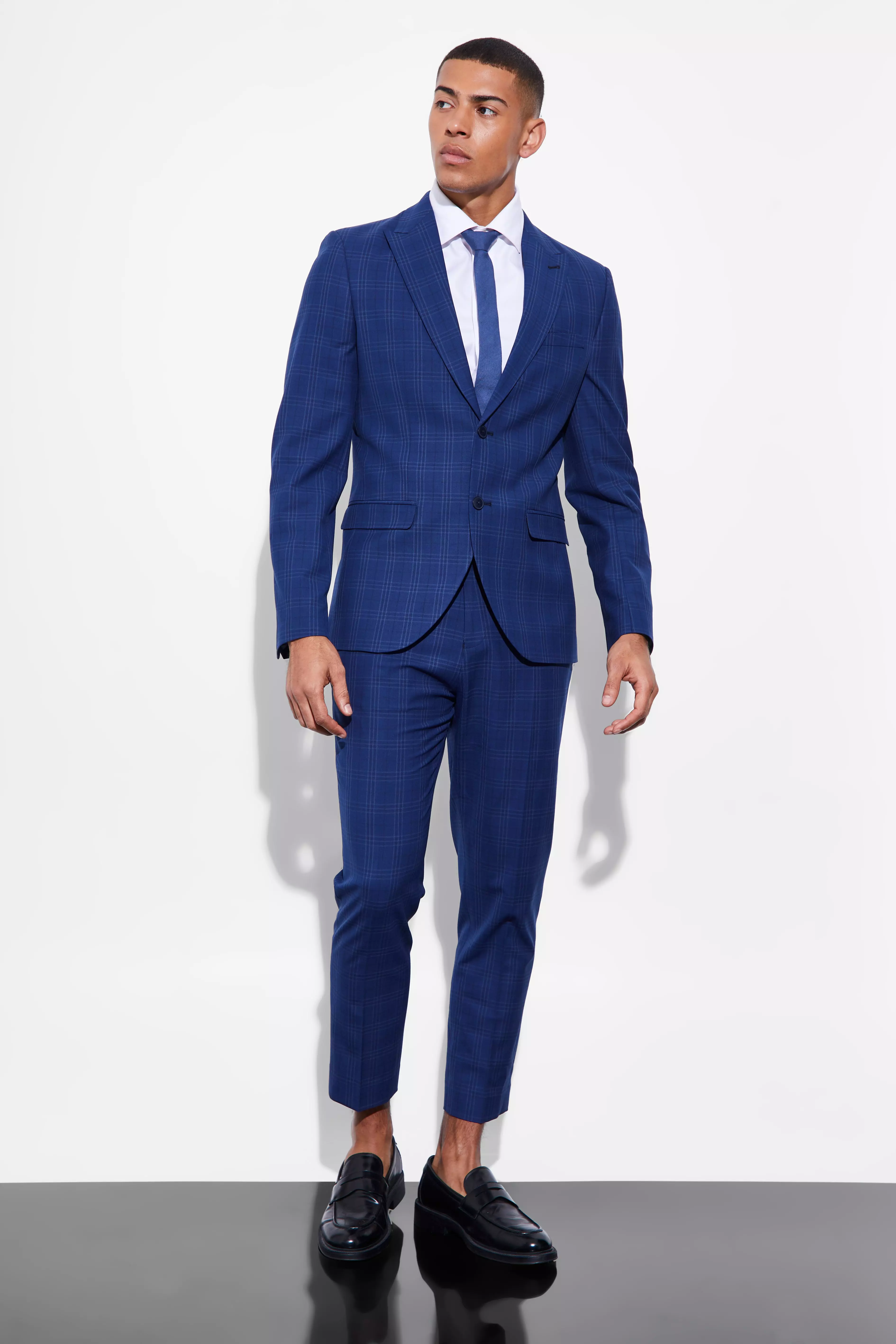 Navy Slim Single Breasted Check Suit Jacket alternative image
