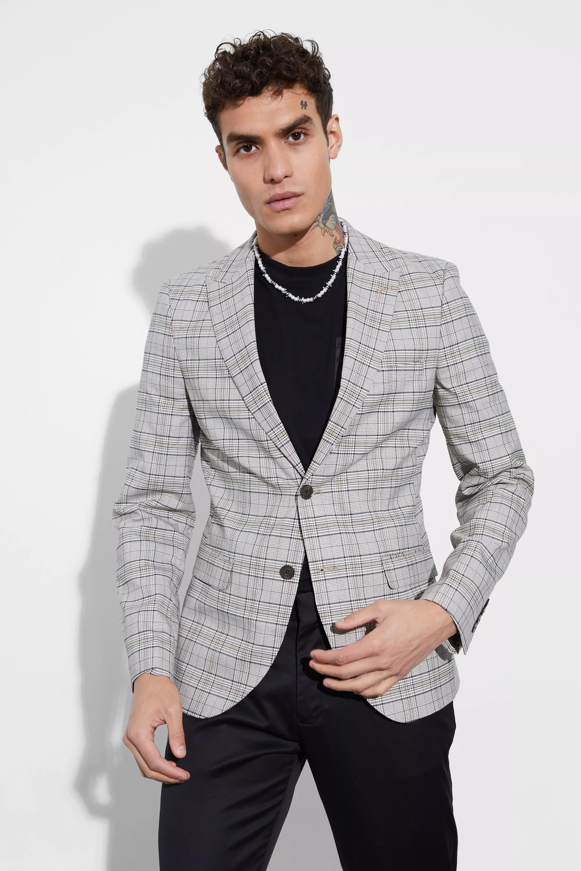 Beige Skinny Fit Plaid Suit Jacket