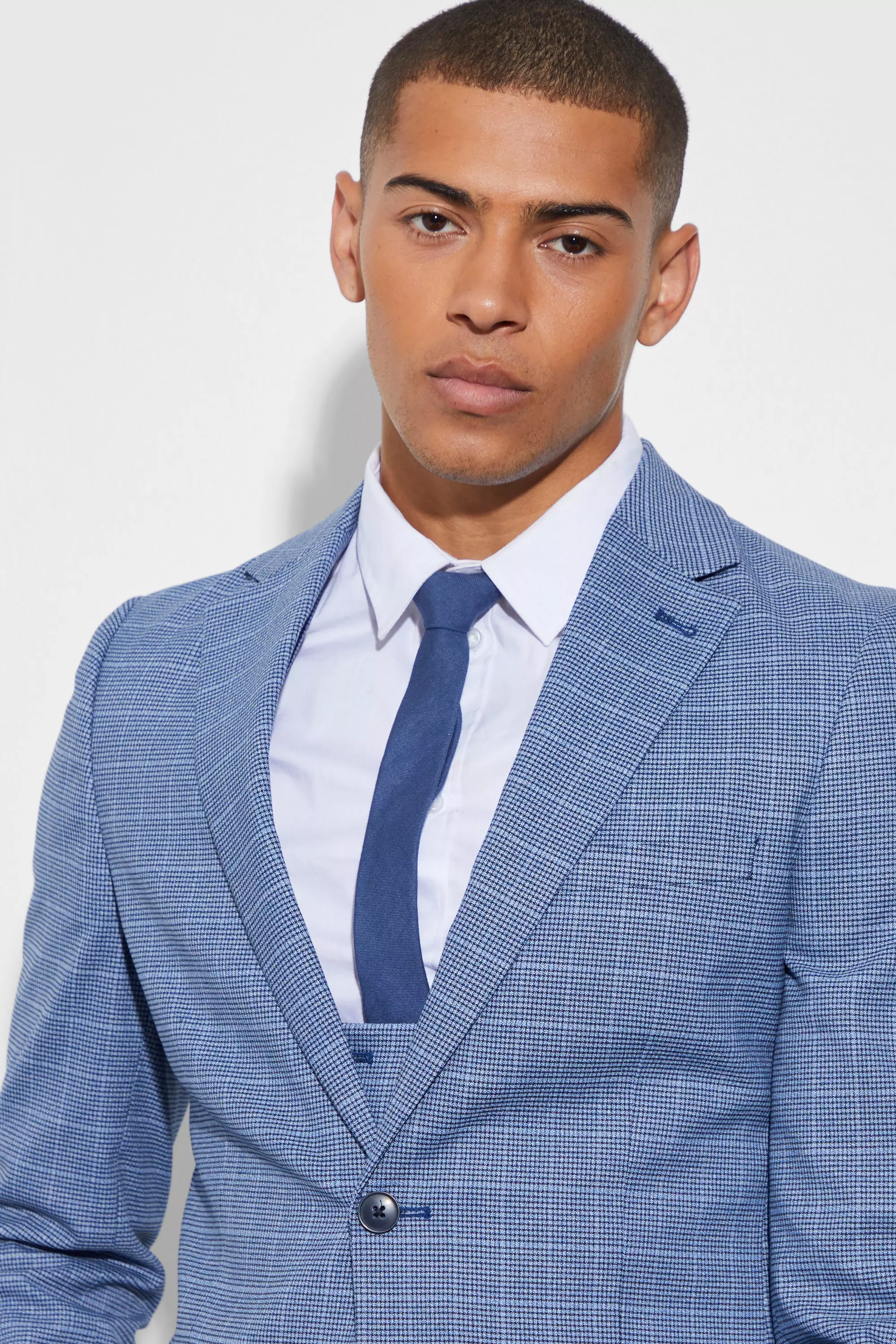 Navy Skinny Single Breasted Micro Check Jacket alternative image