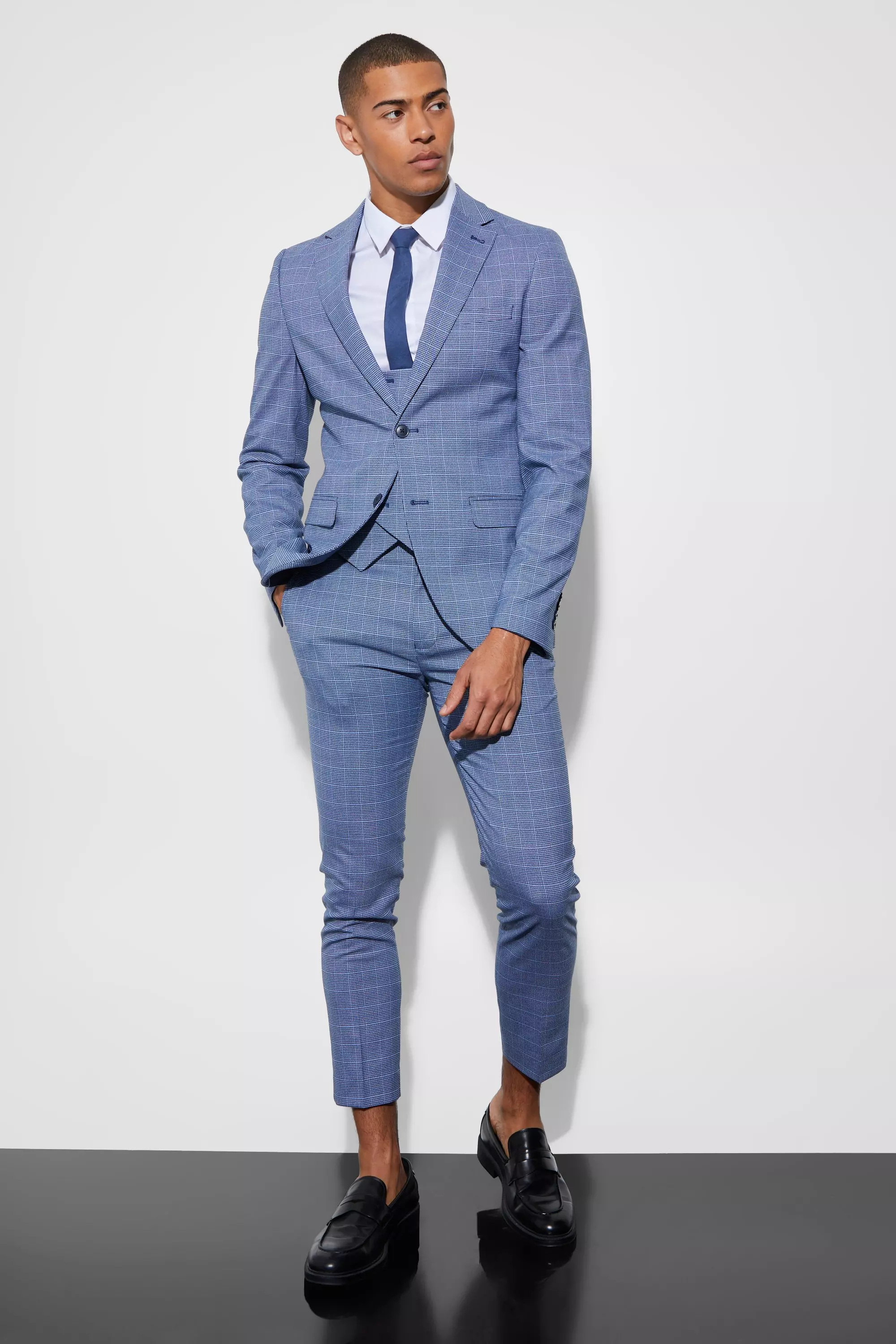 Navy Skinny Single Breasted Micro Check Jacket alternative image